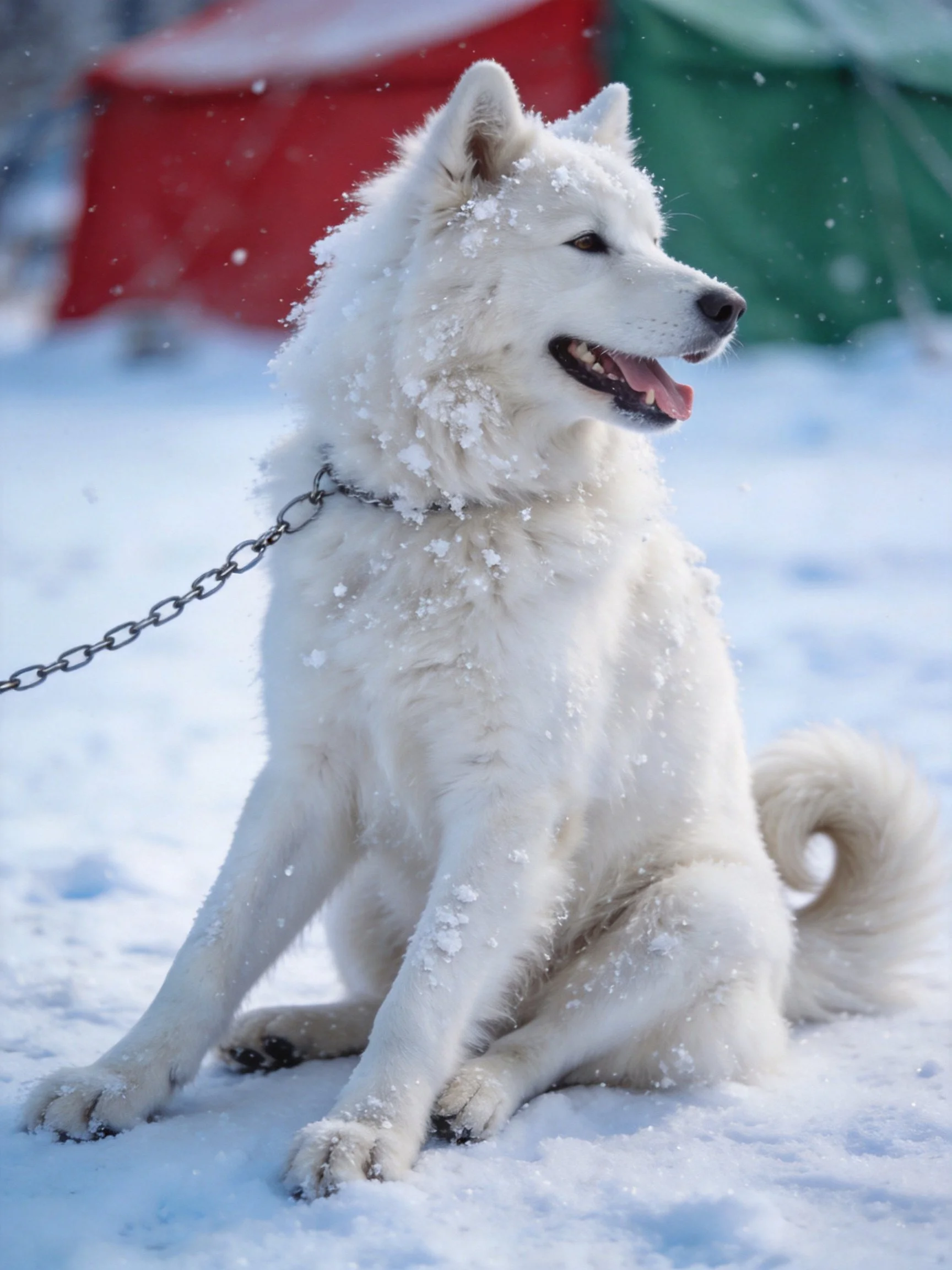 Fluffy white dog chained in snowy landscape with colorful tents