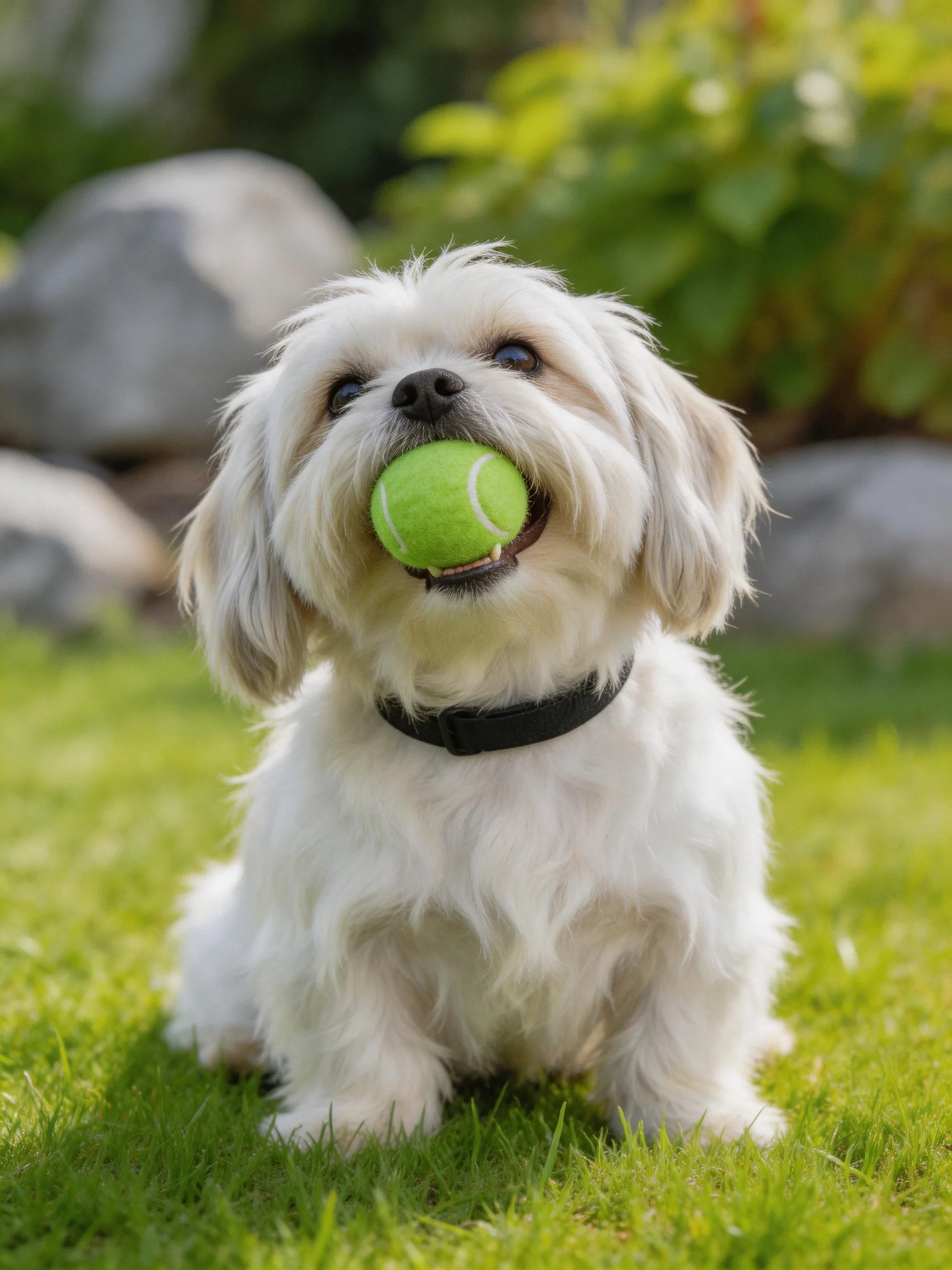 A fluffy white dog sits on grass clutching a green tennis ball.
