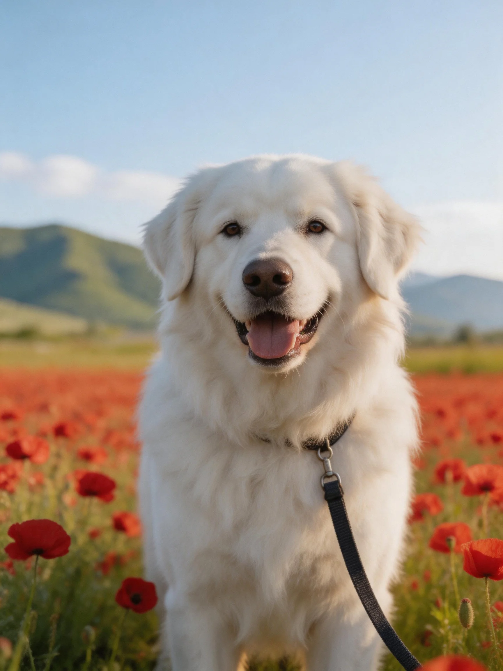 A cheerful white dog stands amid vibrant red poppies with distant green hills.