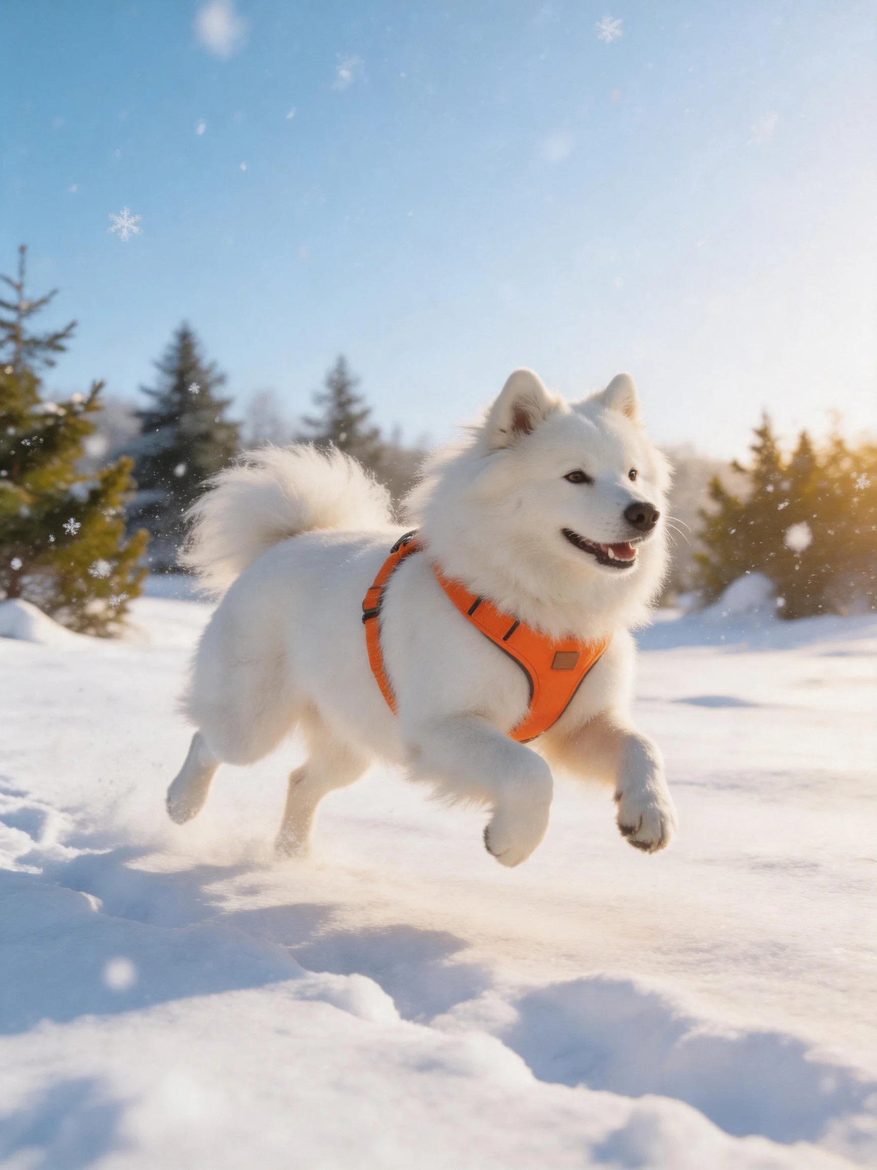 Fluffy white dog in orange harness runs through snowy landscape