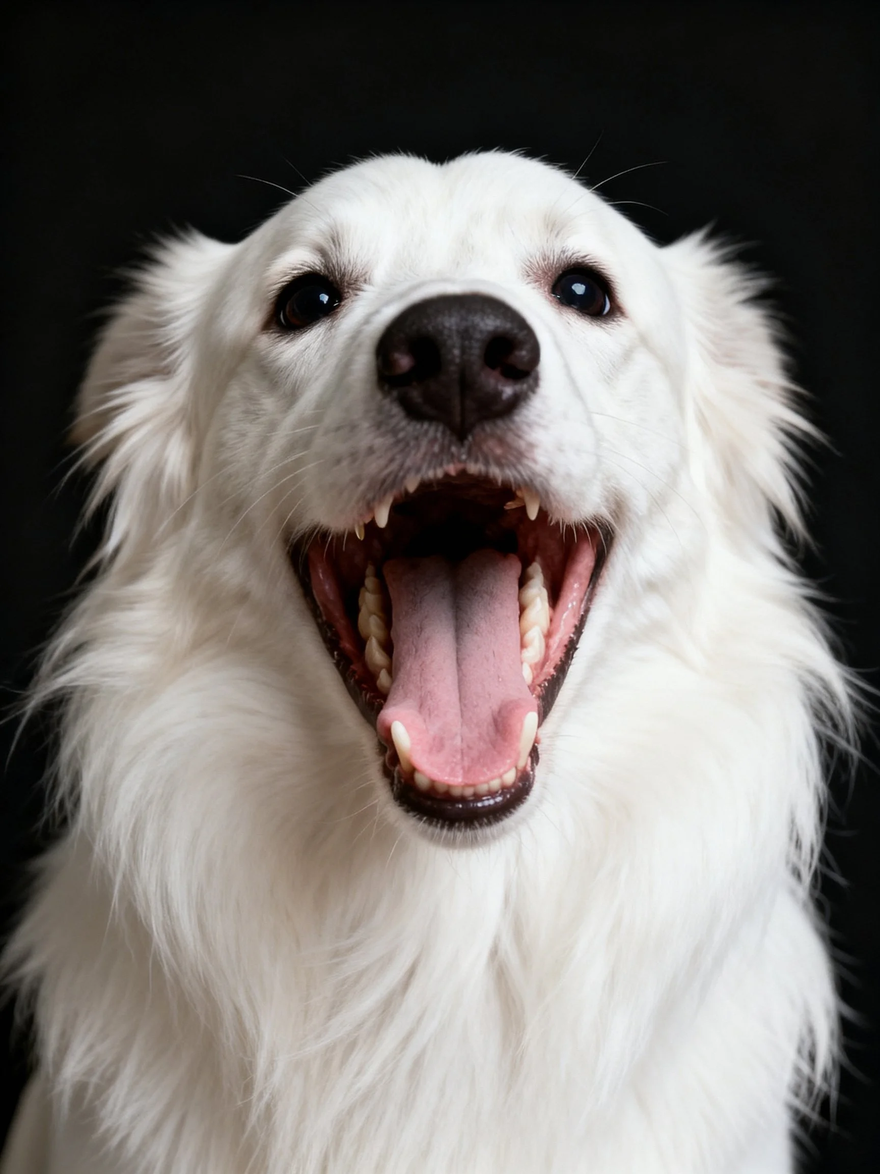 A white dog appears joyful with mouth open against a dark background.