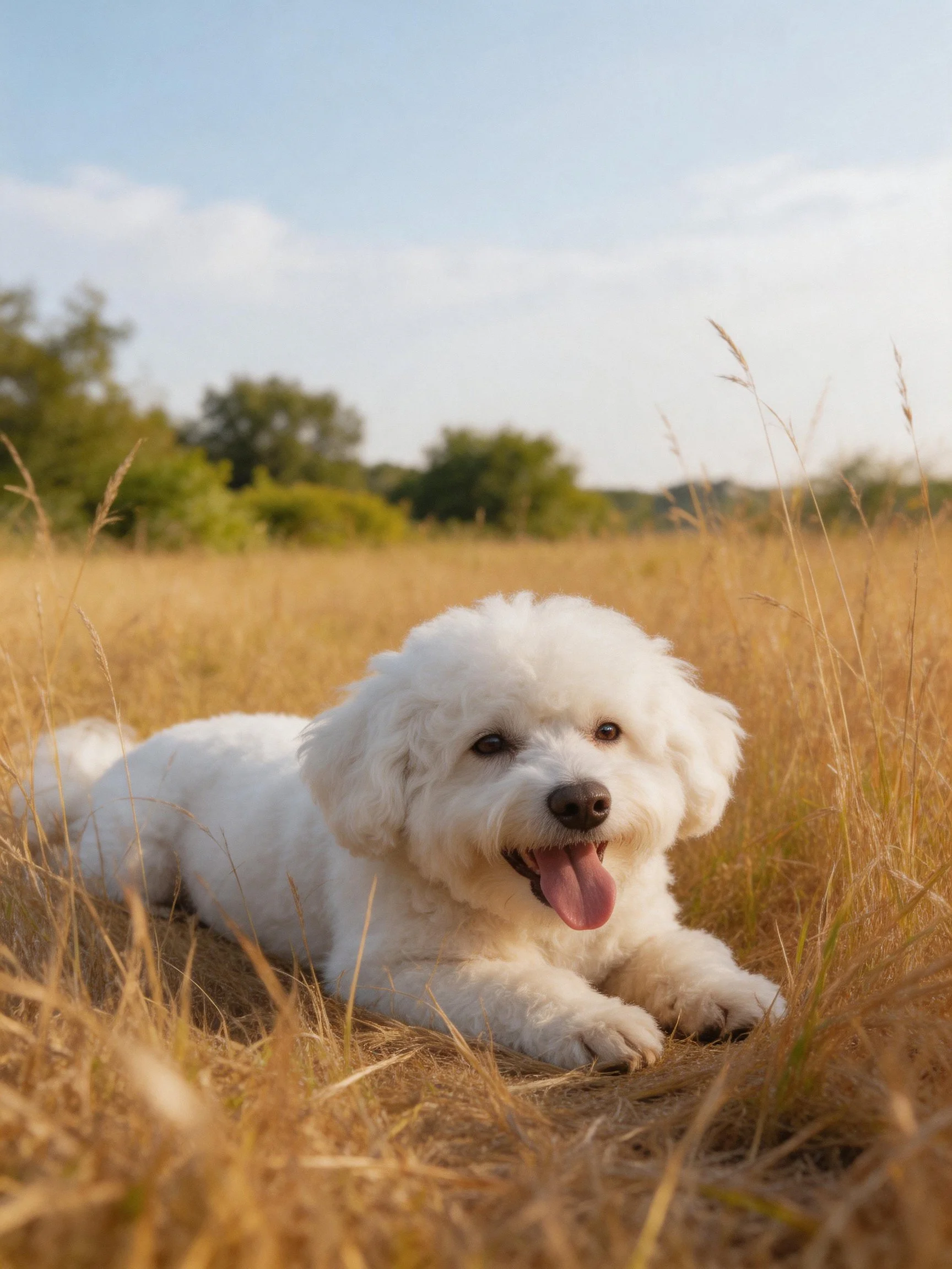 A white dog relaxes contentedly in a sunlit grassy field.