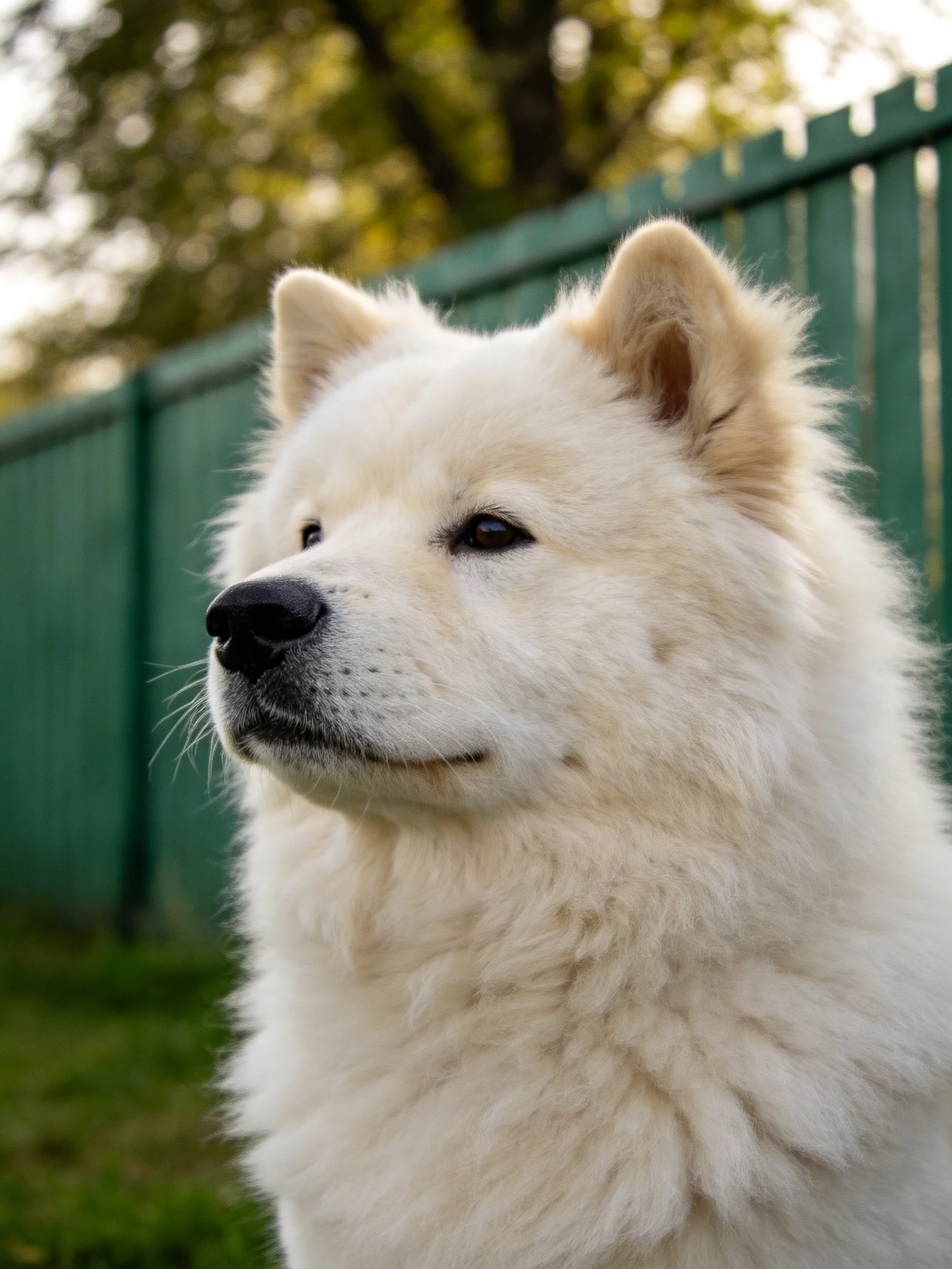 A fluffy white dog stands near a green fence with leafy trees in the background.