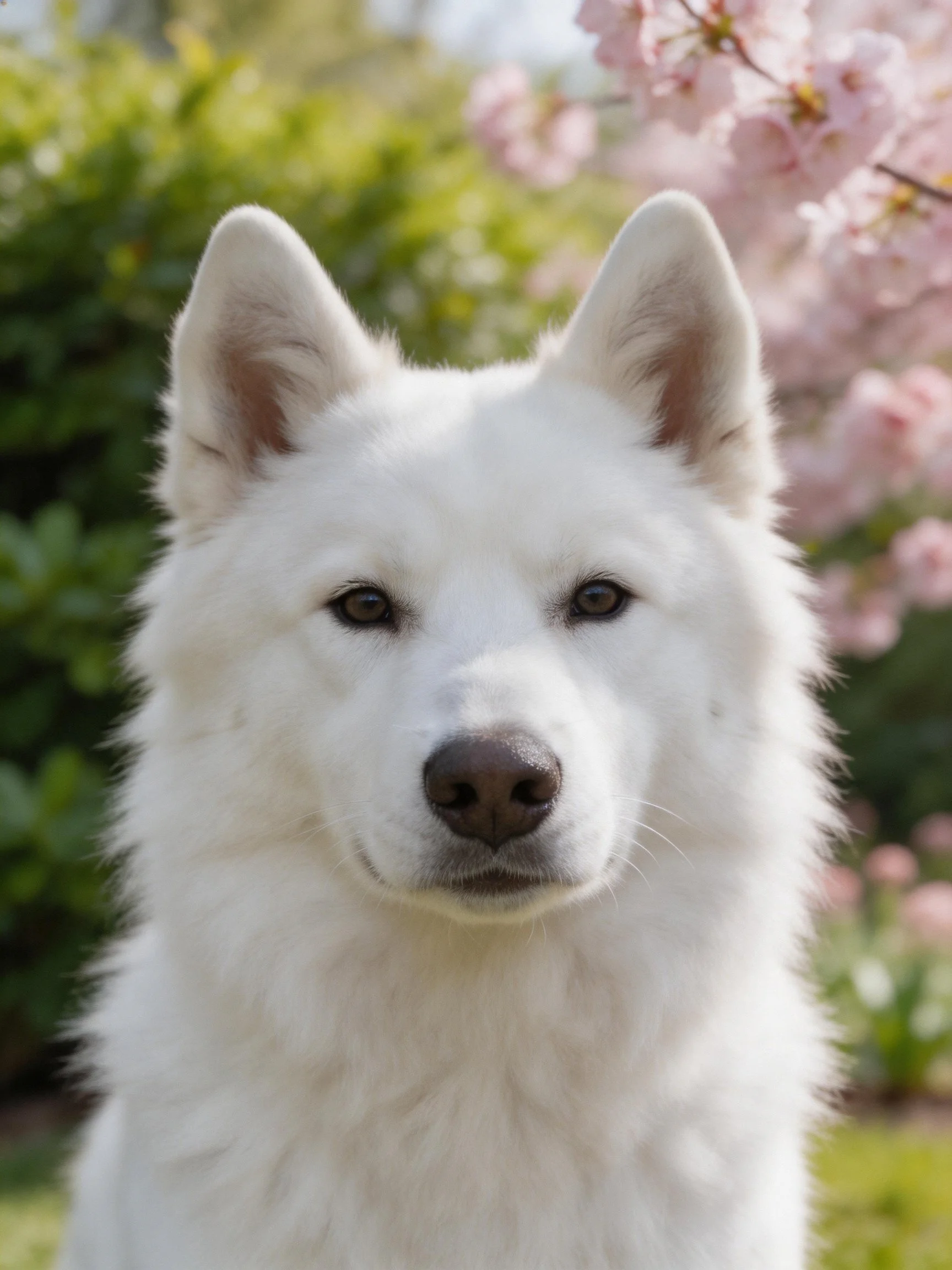 A fluffy white dog stands calmly among pink blossoms and greenery.