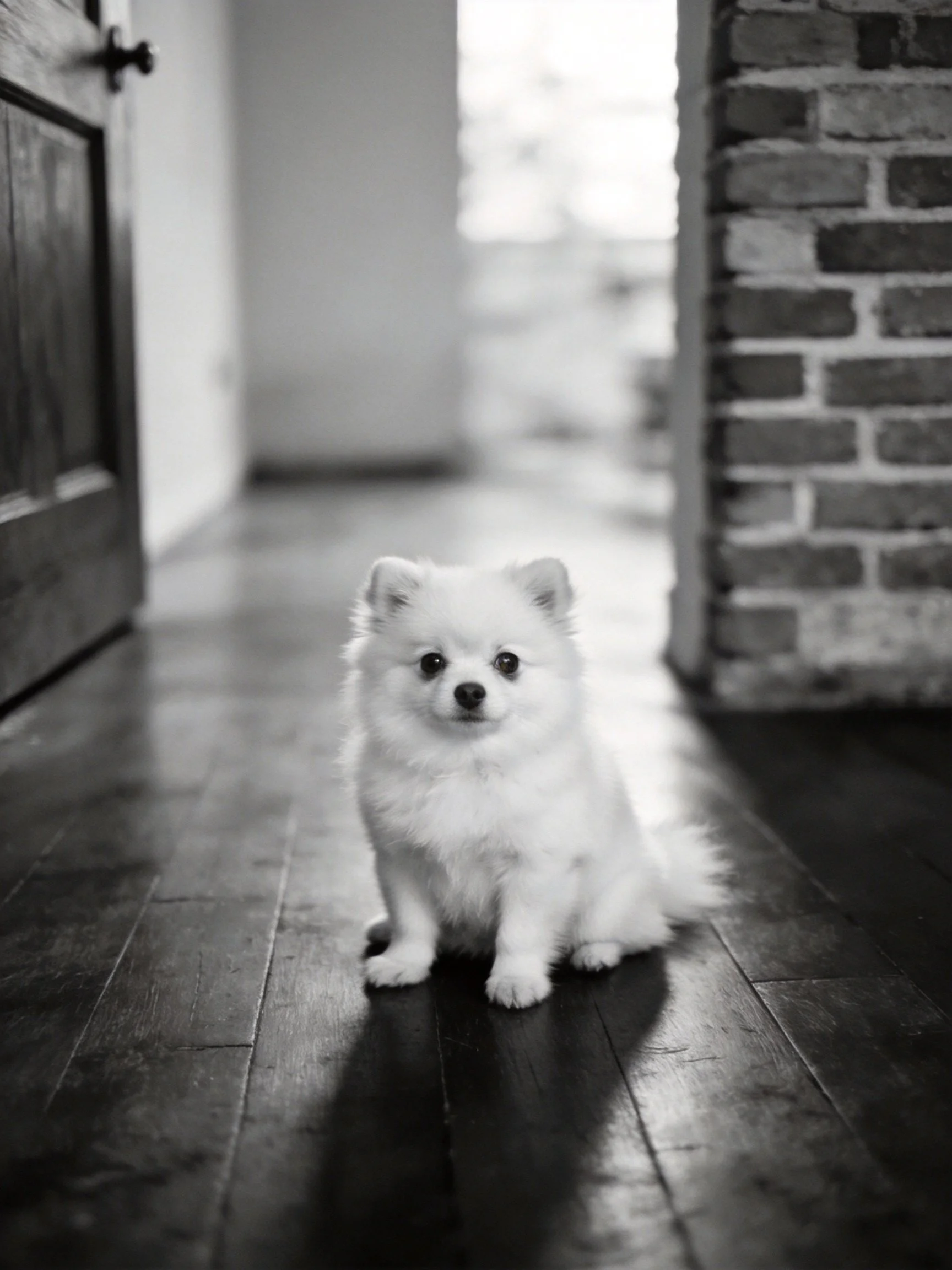 A small white dog sits calmly on dark wood flooring in a historic hallway.