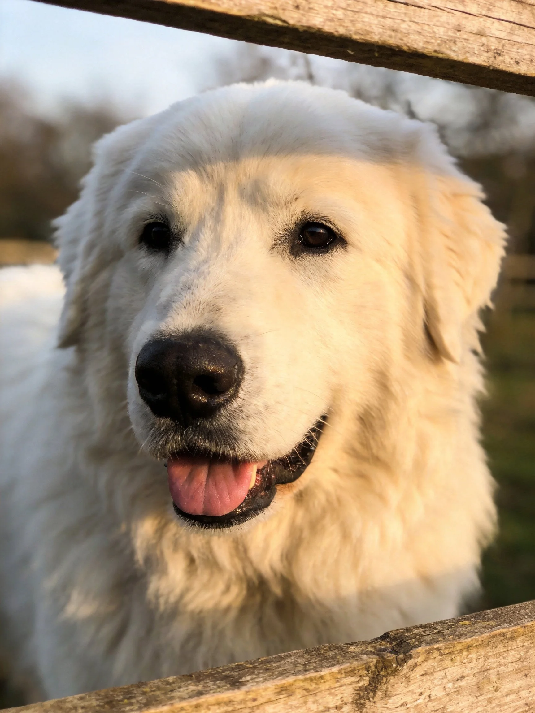 A large white dog observes from behind wooden fence rails.