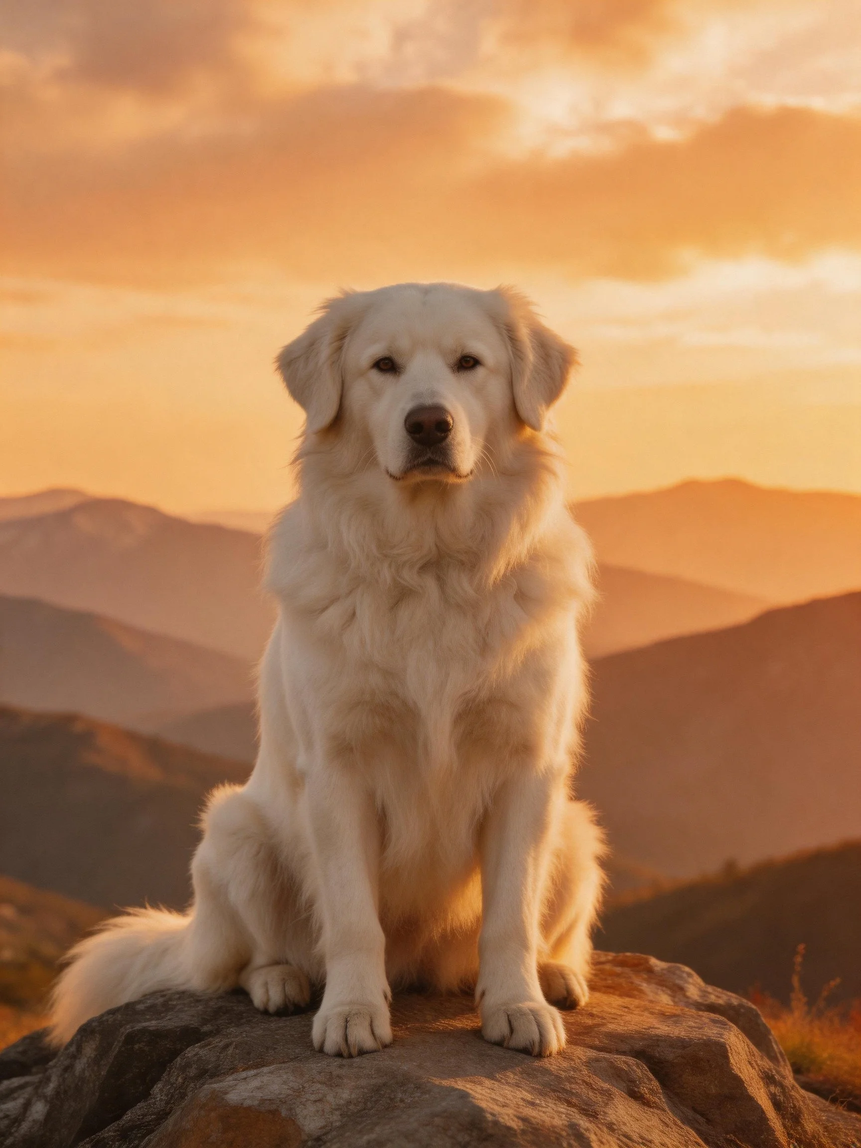 Fluffy white dog sits on rock with golden mountain sunset in the background.