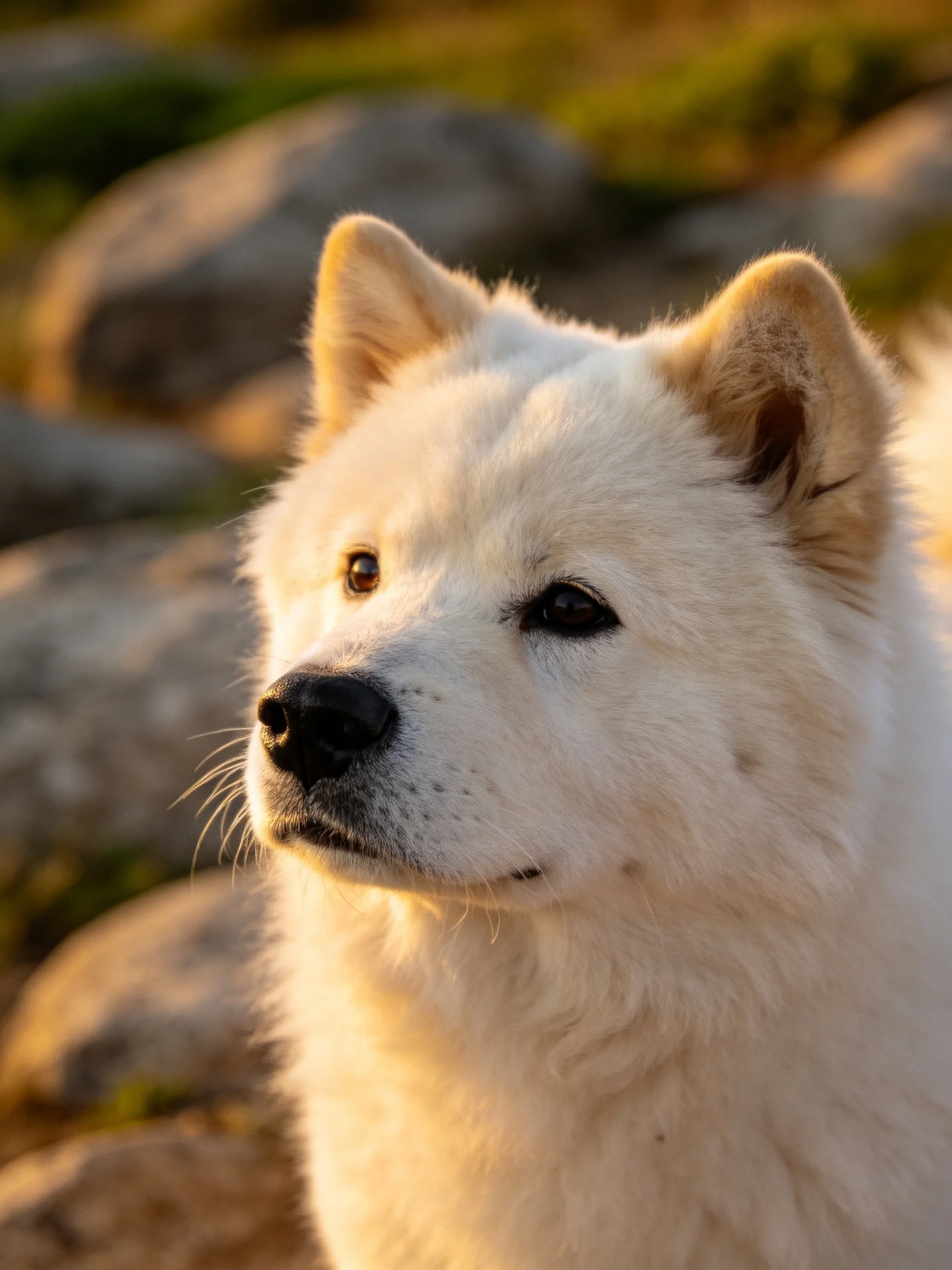 Close - up of a fluffy white dog near a blurred rocky landscape.