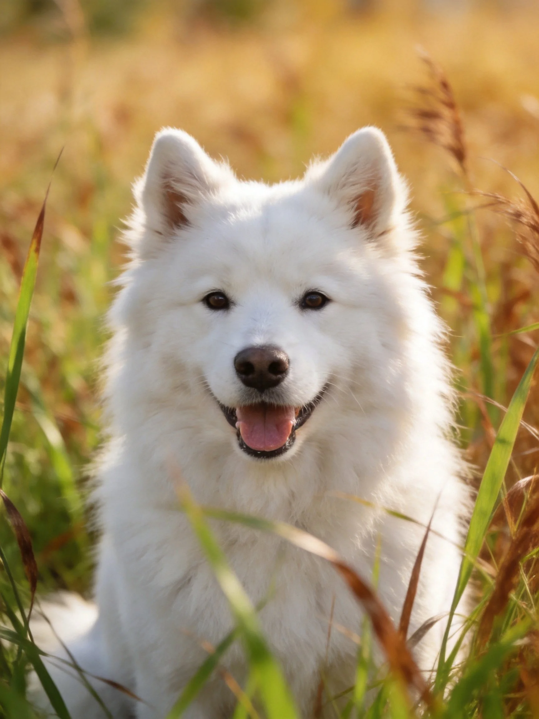 Fluffy white dog relaxes in a sunlit grassy area.
