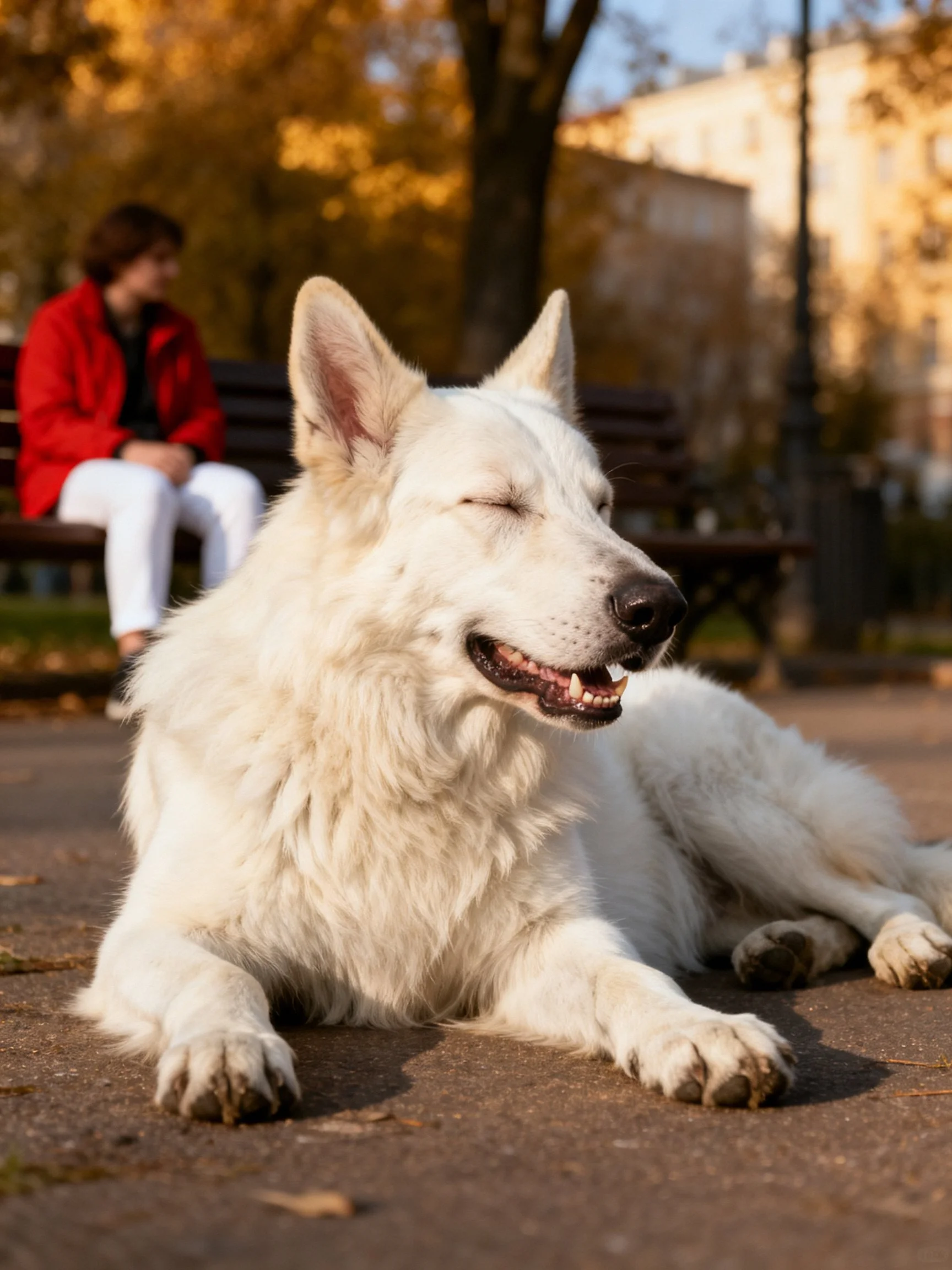 A white dog rests happily near a bench with a person in red nearby.