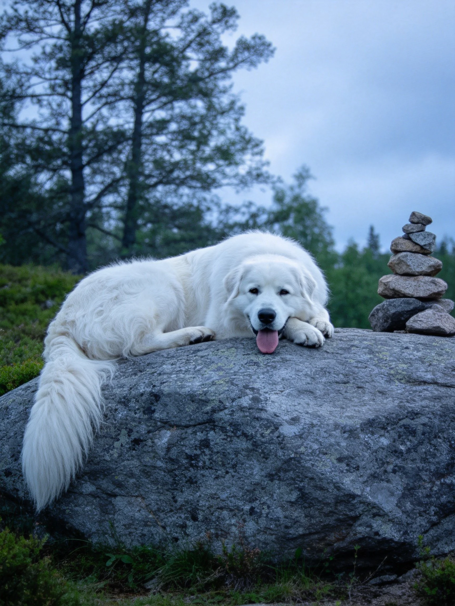 A white dog relaxes on a rock next to stacked stones in a wooded setting.