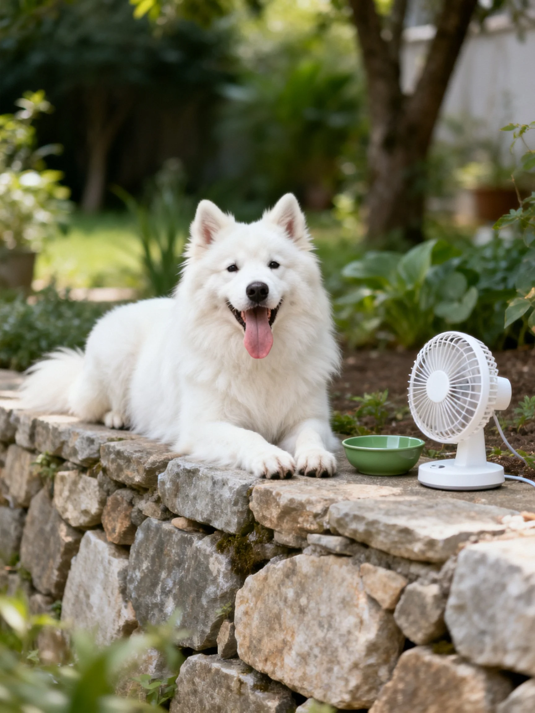 A fluffy white dog relaxes on a stone wall near a green bowl and small fan in a garden.