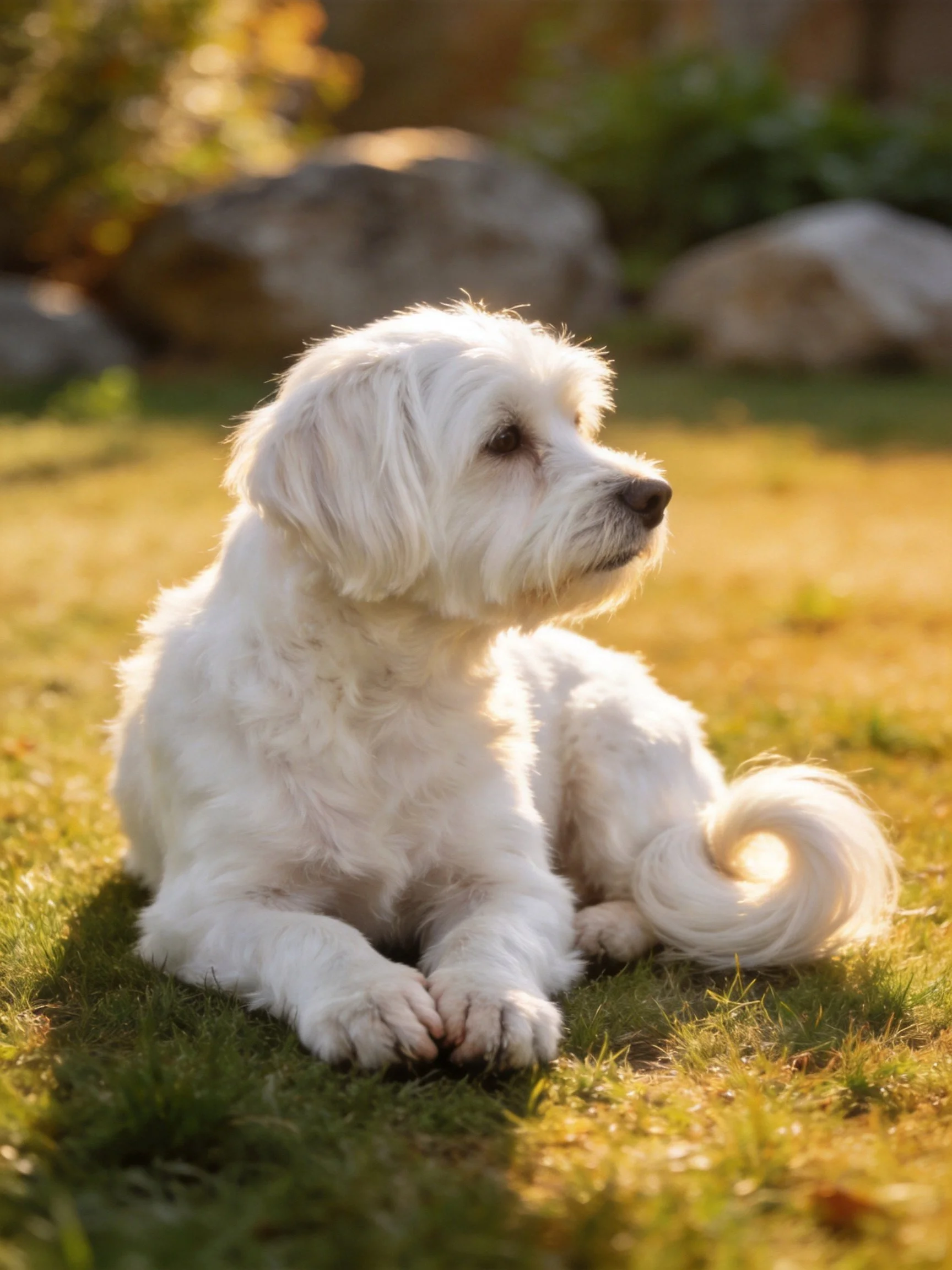 A fluffy white dog relaxes on grass in a sunlit outdoor area.