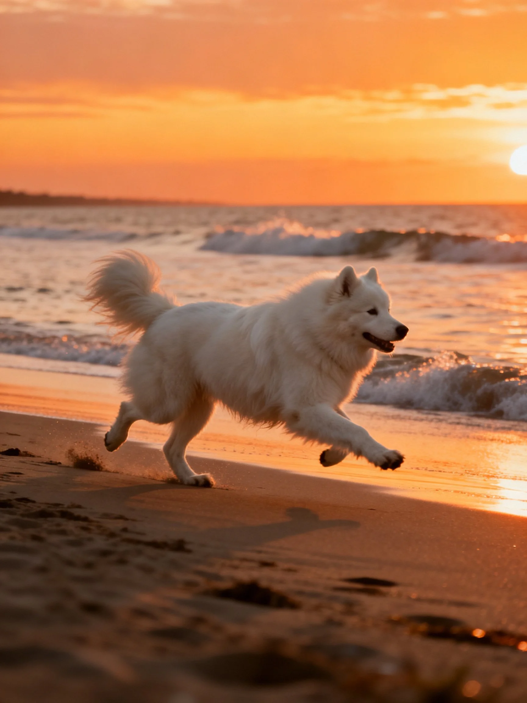 A white dog runs joyfully on a sandy beach near crashing waves under a golden sunset.