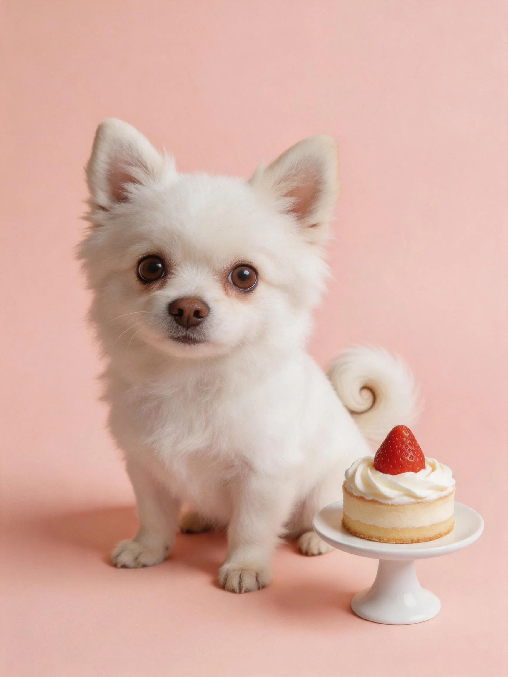 A fluffy white dog sits near a small cake topped with a strawberry