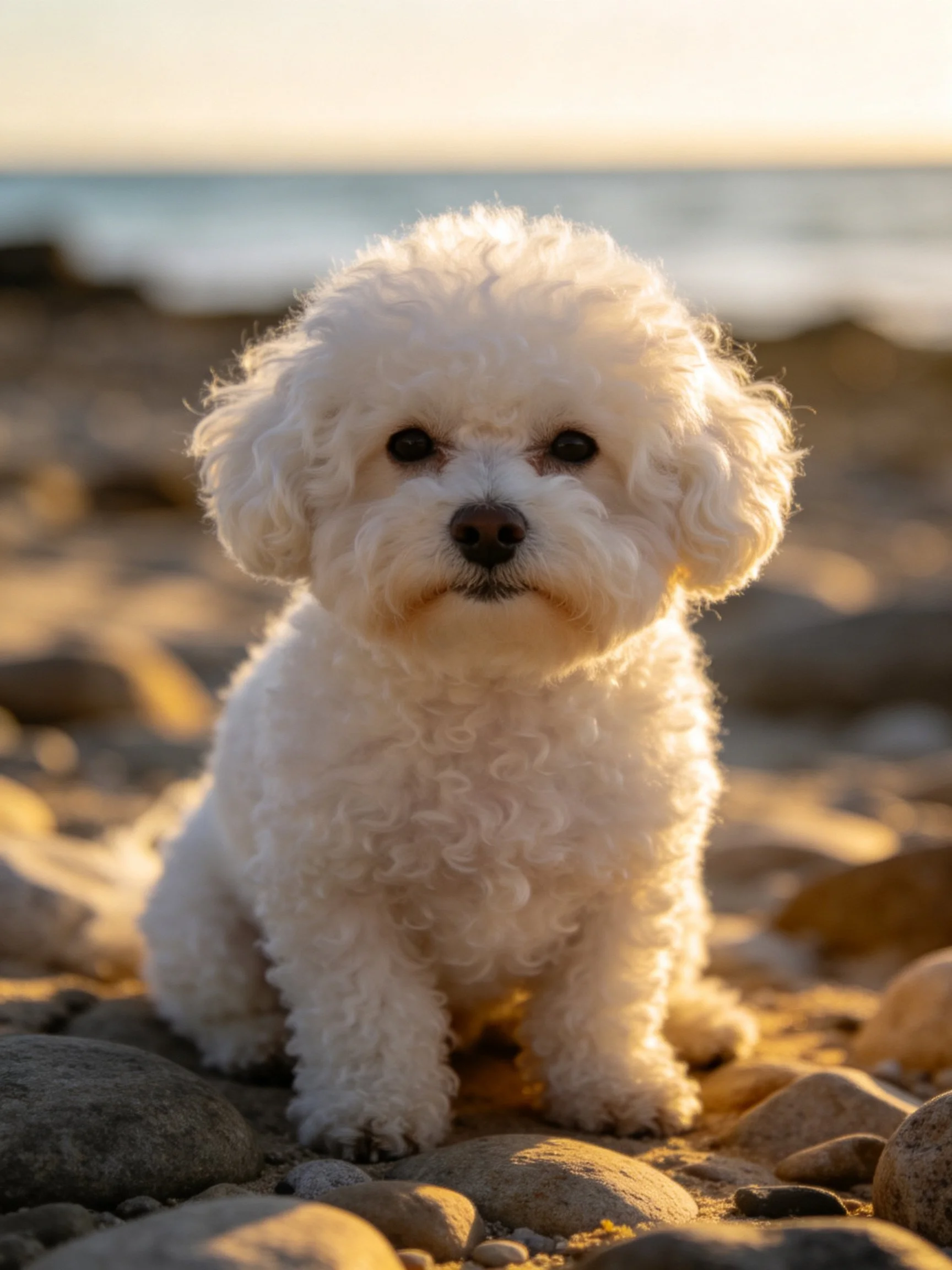 A fluffy white dog sits calmly on a rocky shore near the sea.