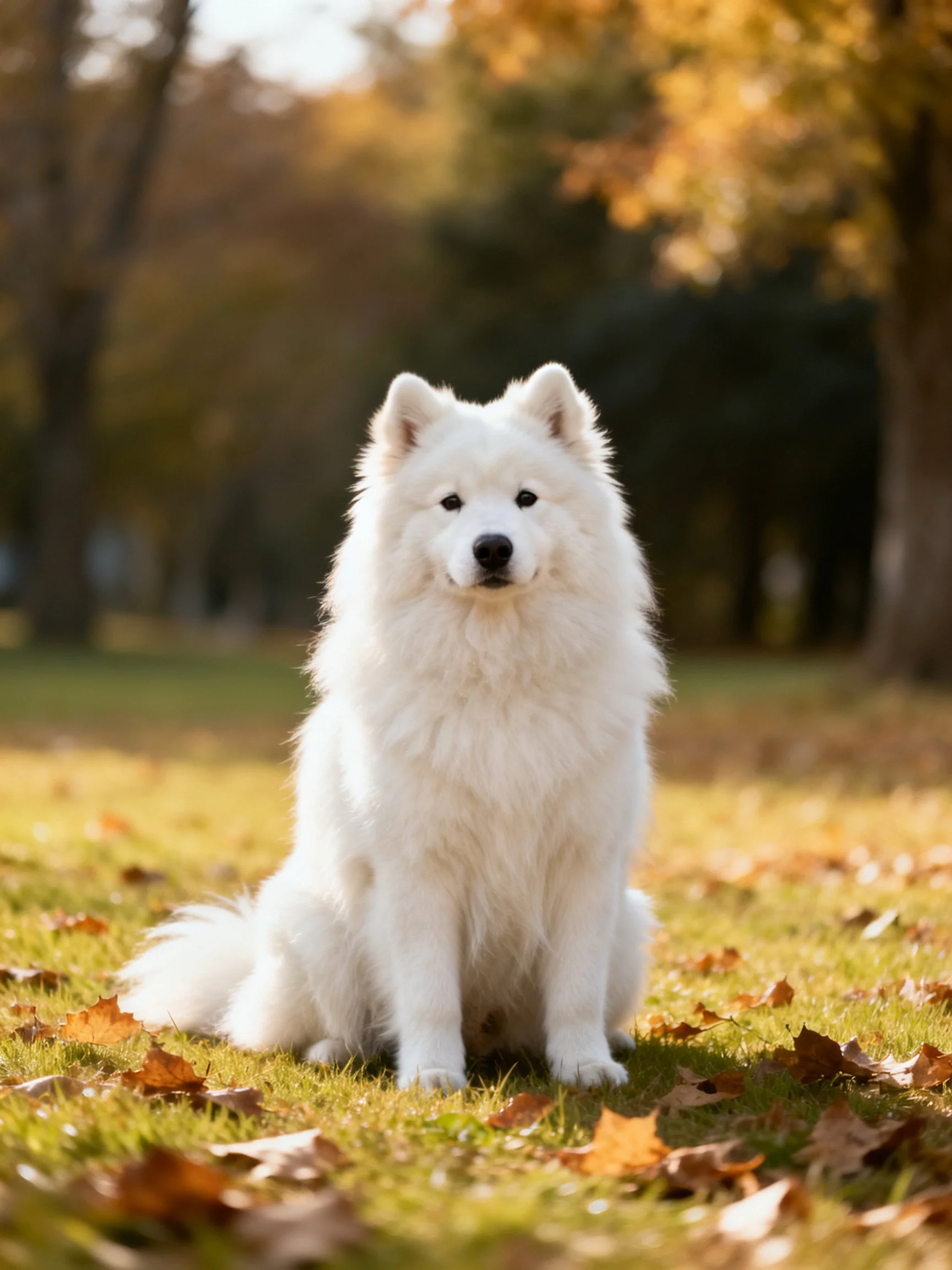 A fluffy white dog sits calmly on grass amid scattered autumn leaves.