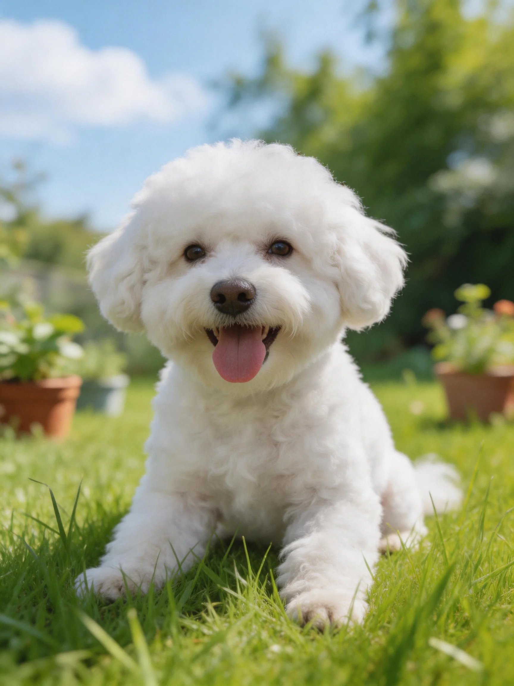 Fluffy white dog enjoys the sunny day on green grass.
