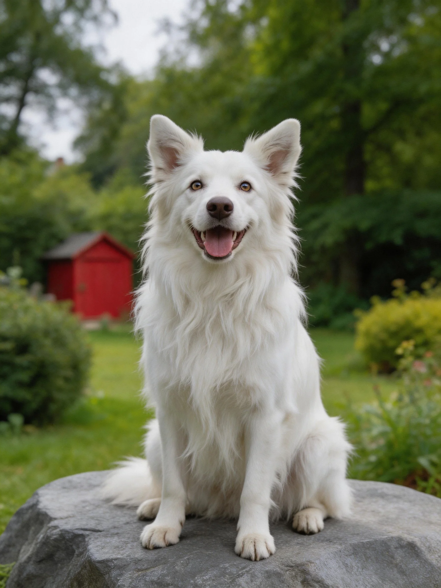A cheerful white dog sits on a stone in a lush garden with a red shed.
