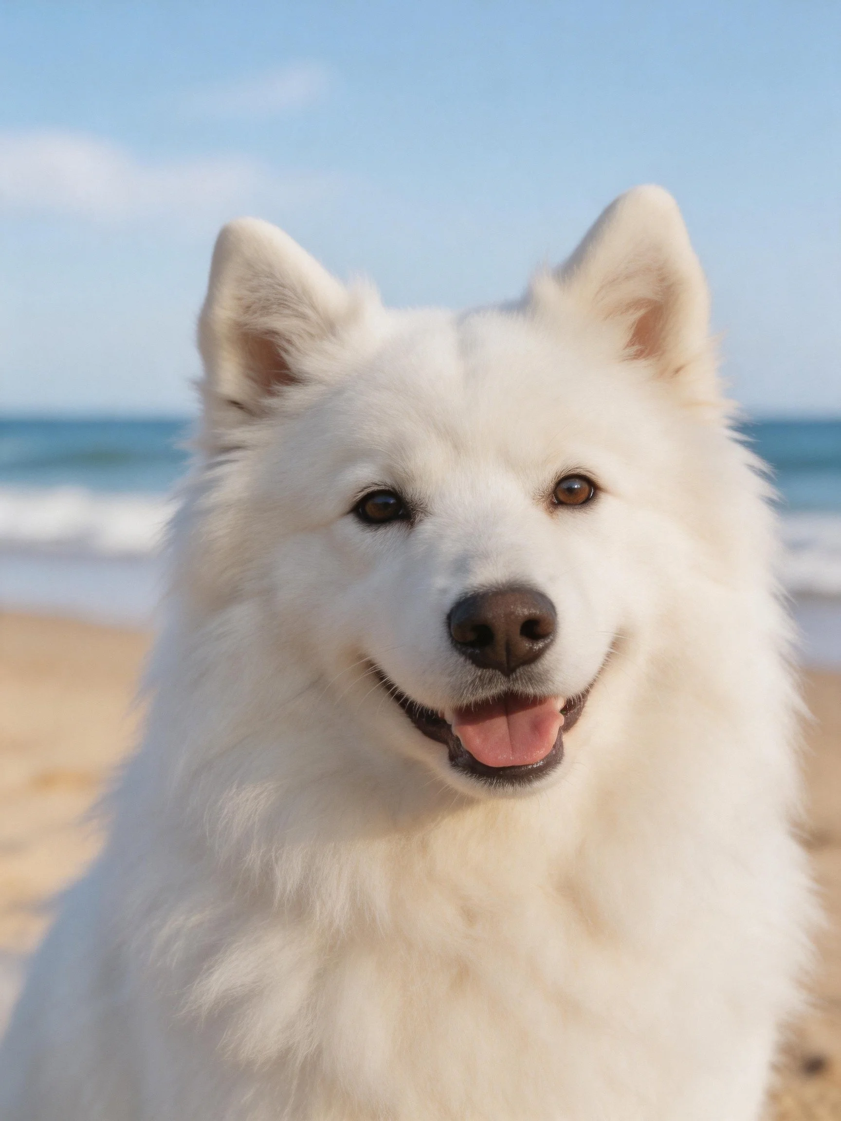 A cheerful white dog stands on a sandy beach with the ocean visible behind it.