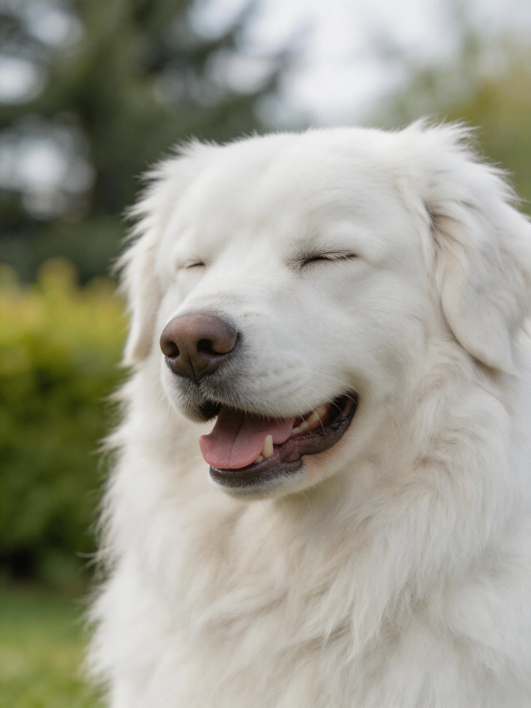 A fluffy white dog smiles happily with closed eyes outside.