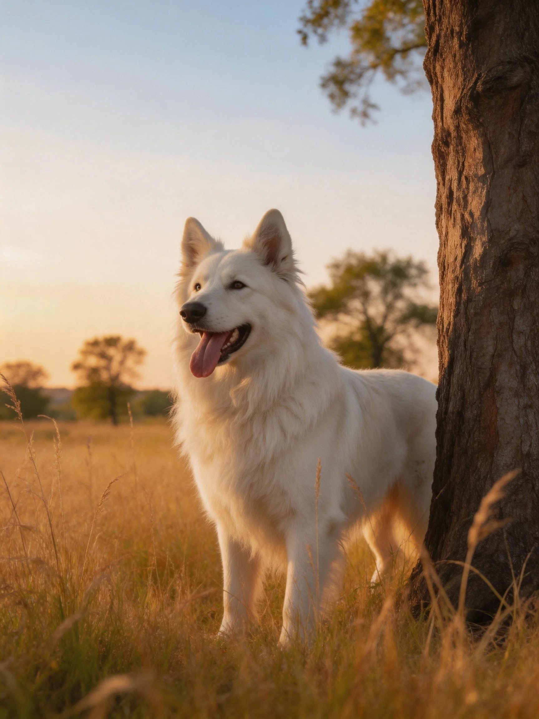 A white dog stands near a tree in a sunlit grassy field.