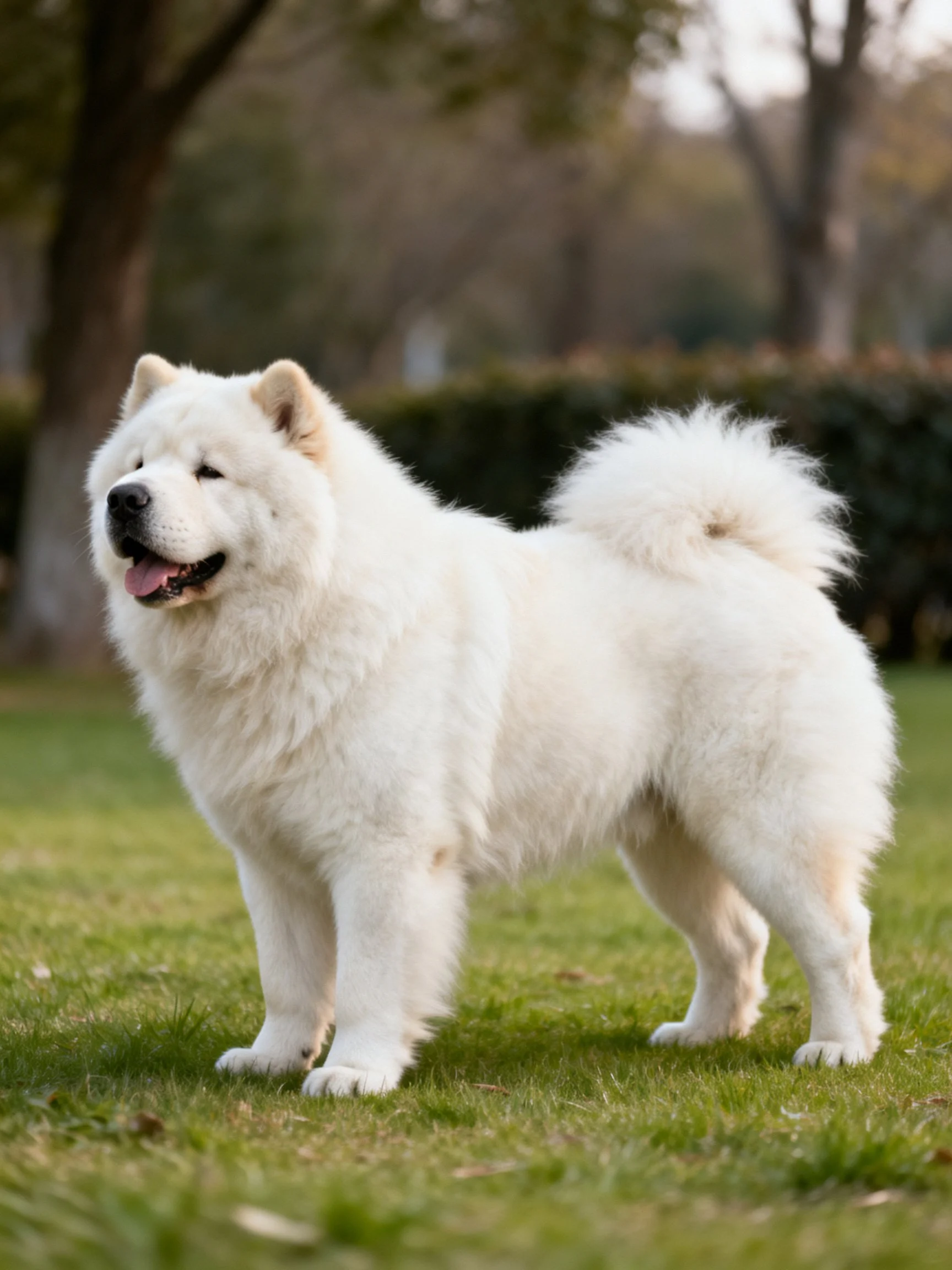 A fluffy white dog stands on grass in a park-like environment.