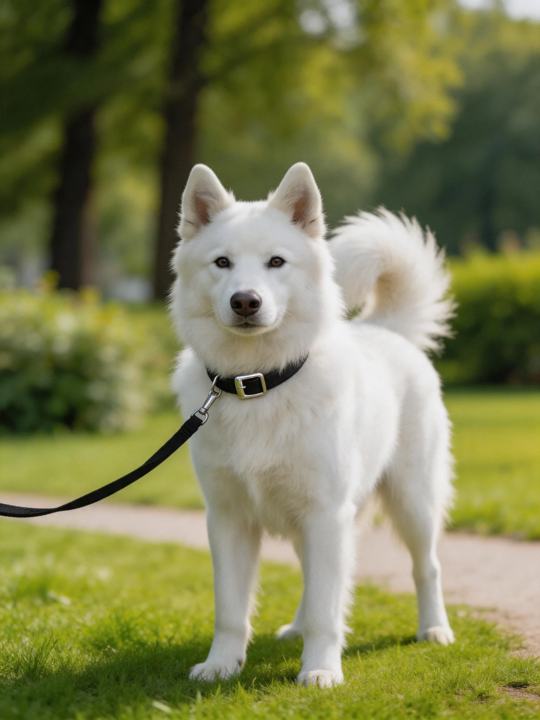 A fluffy white dog stands calmly in a sunlit park.