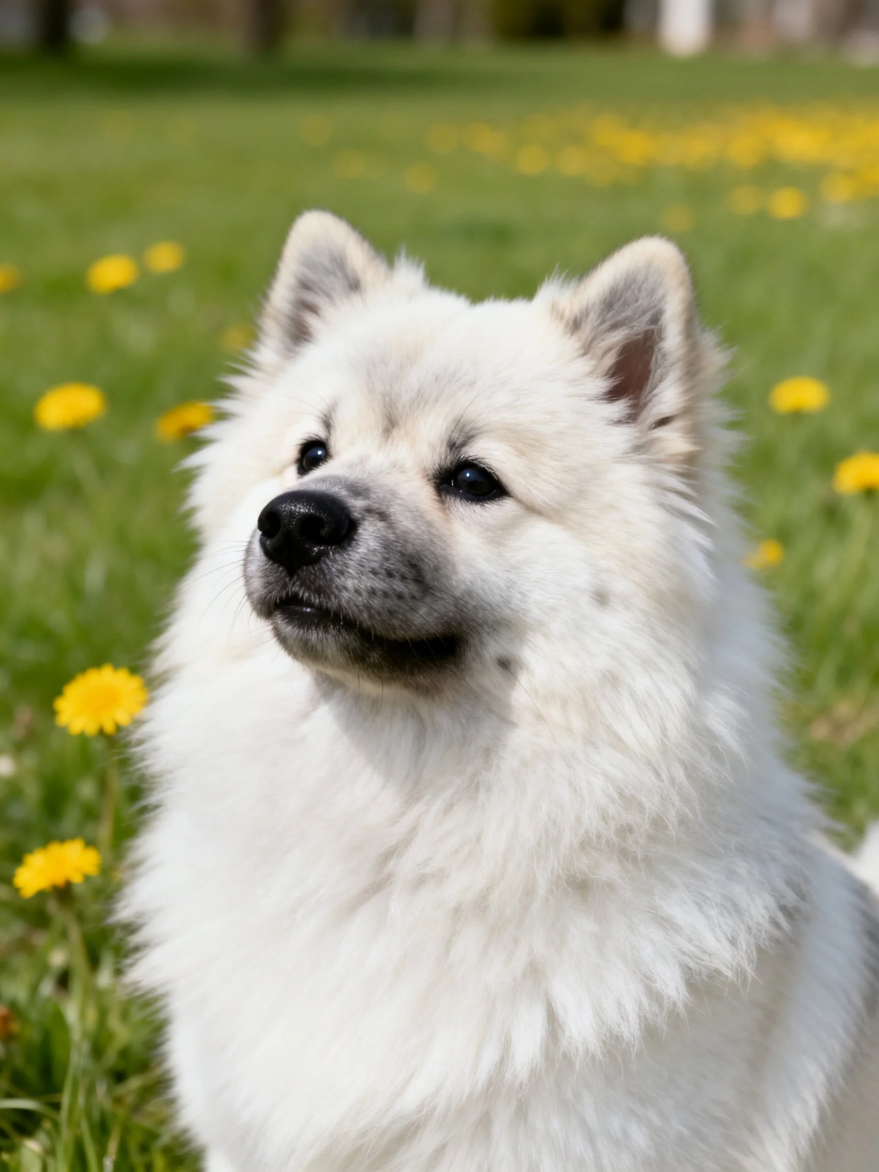 A fluffy white dog sits among yellow flowers in a sunlit meadow.
