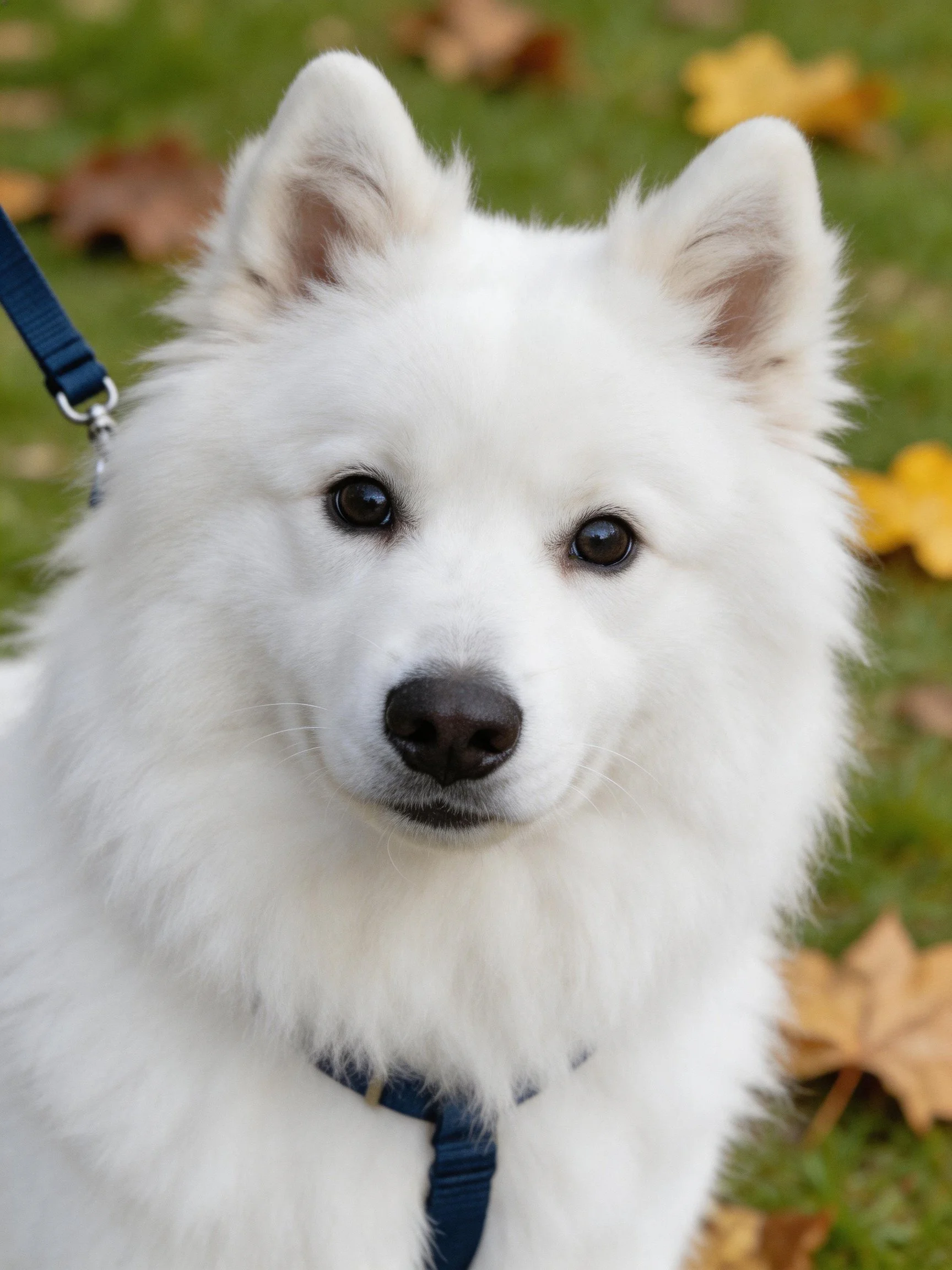 A fluffy white dog with a blue leash rests among fallen leaves on grass.