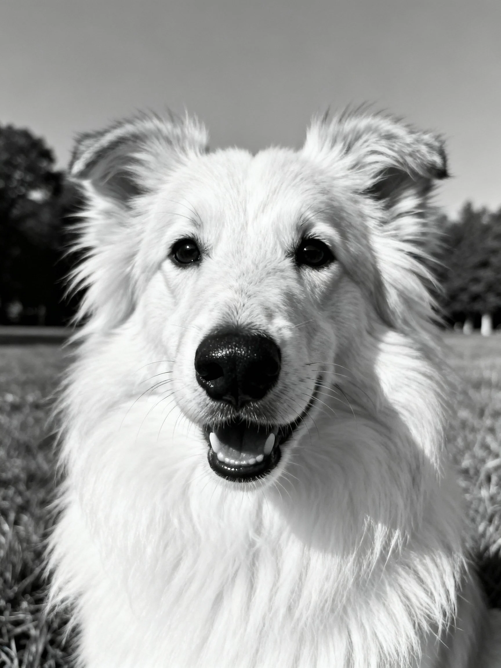 Close - up of a cheerful white dog in an outdoor environment.