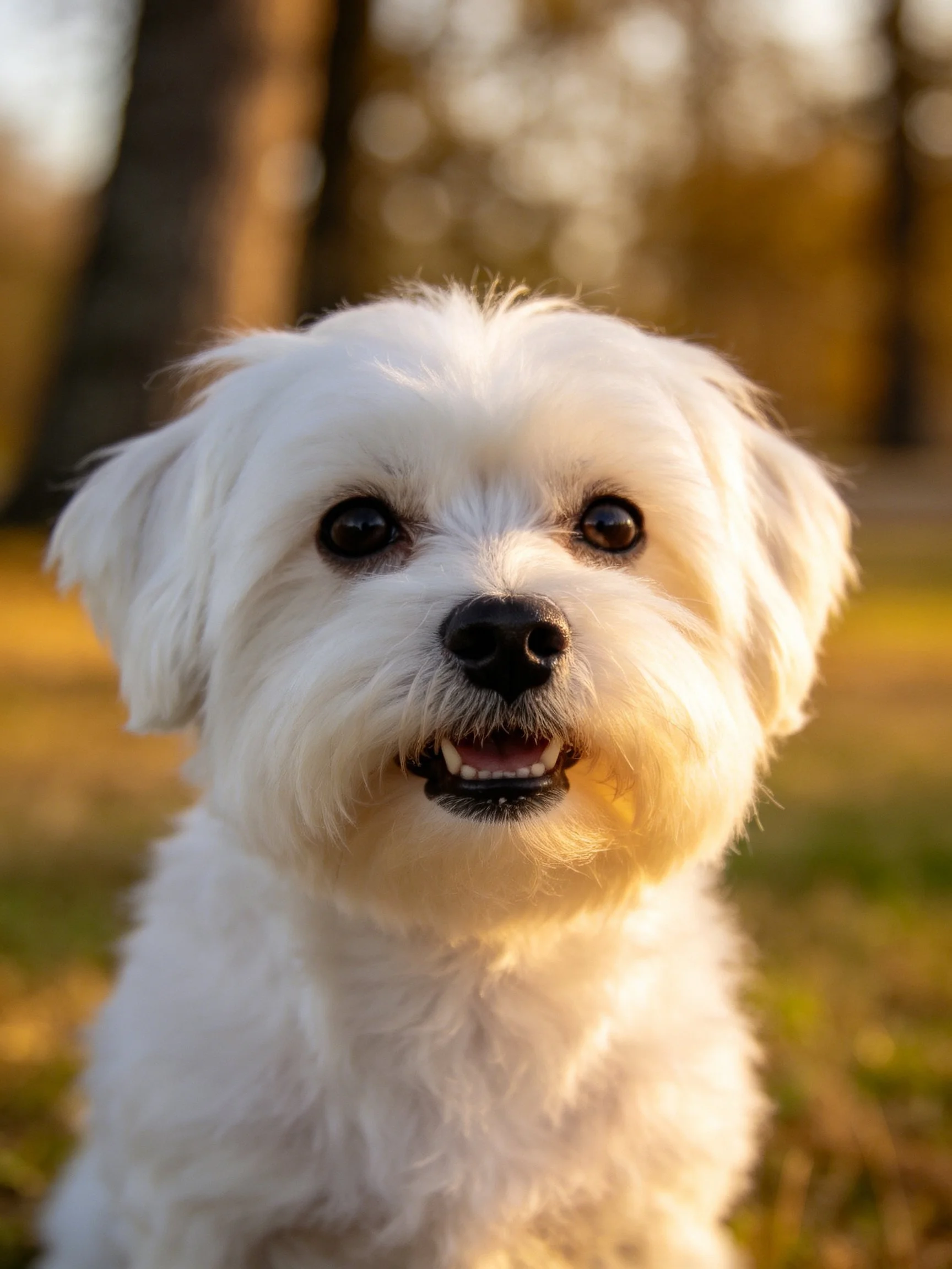 Fluffy white dog with bright eyes is photographed in a sunlit natural area.