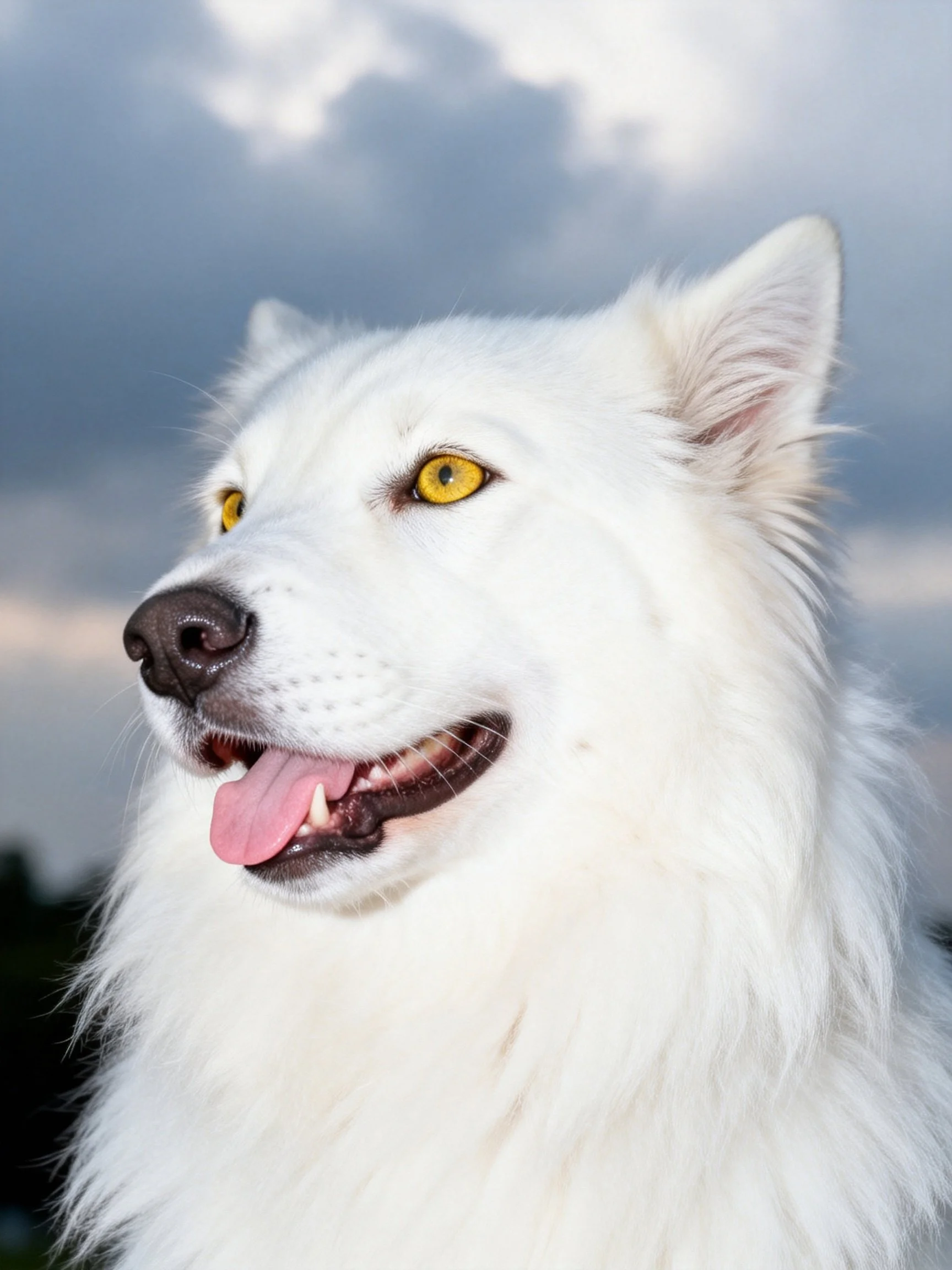 A fluffy white dog with yellow eyes stands out against a cloudy sky.