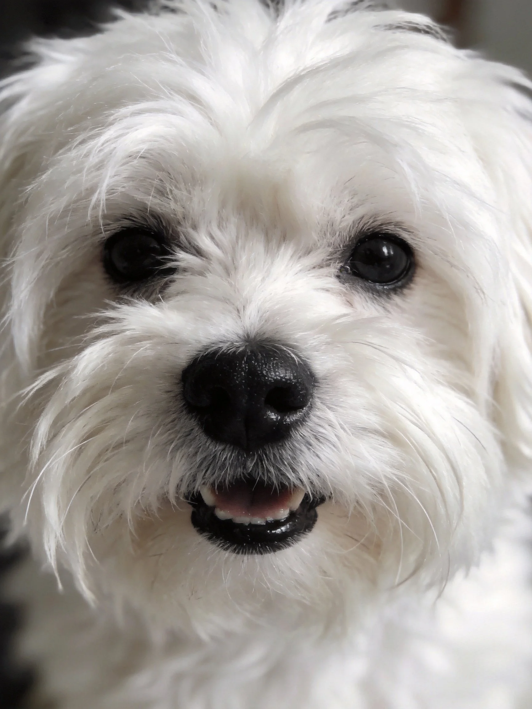 Close - up of a fluffy white dog with dark eyes and a black nose.