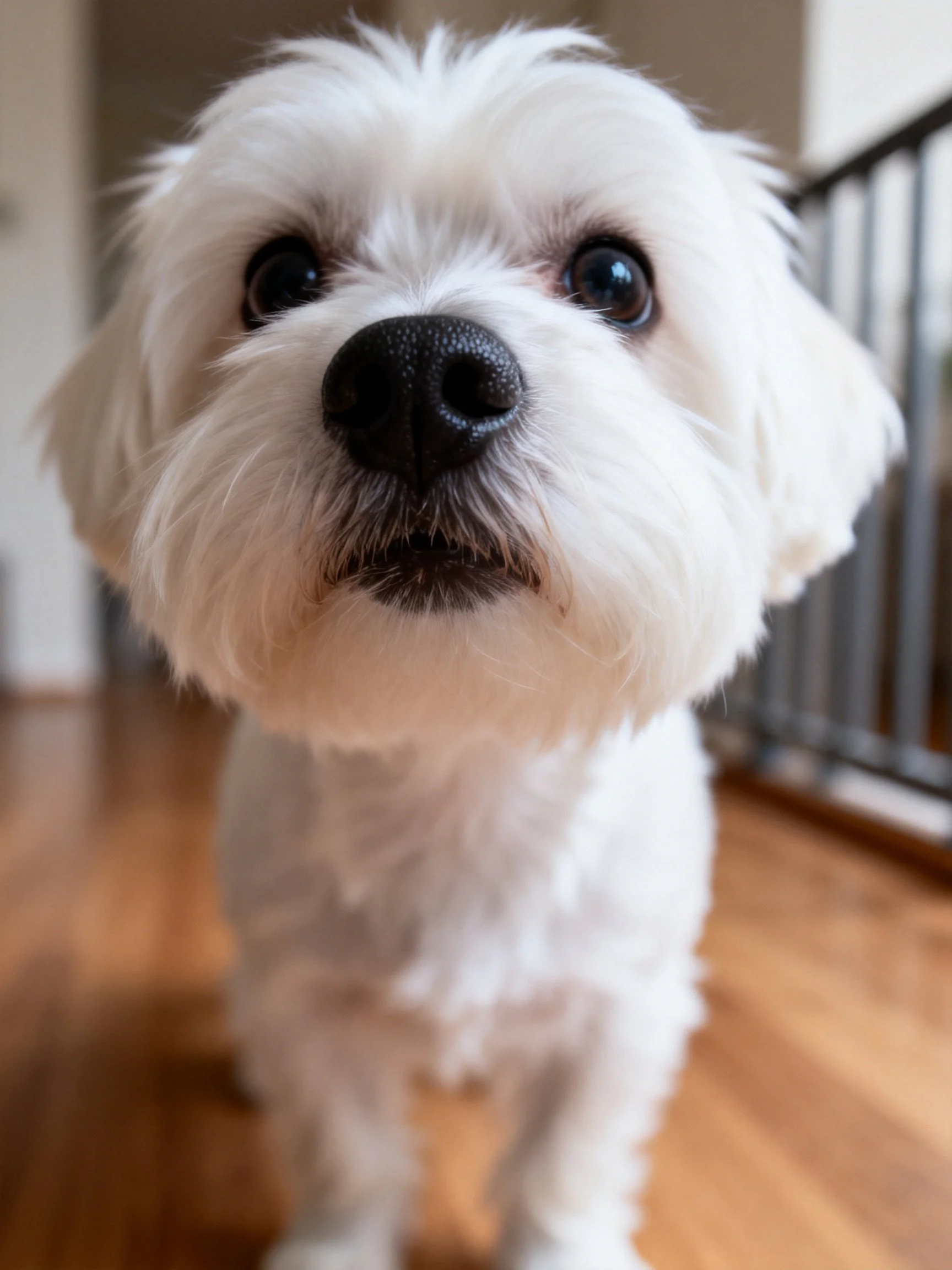 A fluffy white dog gazes directly at the camera on wooden flooring.