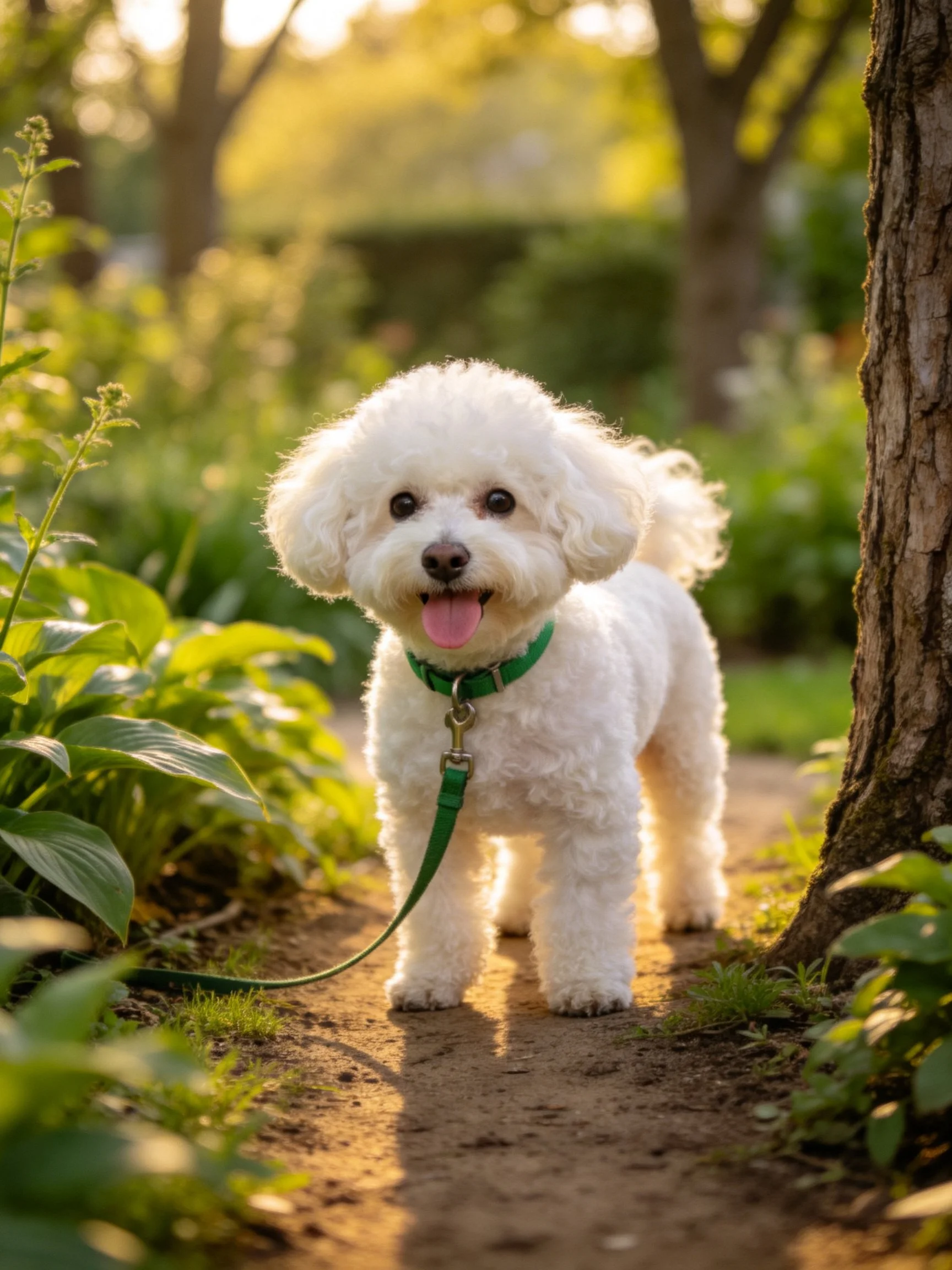 A fluffy white dog walks along a sunlit garden path wearing a green leash.