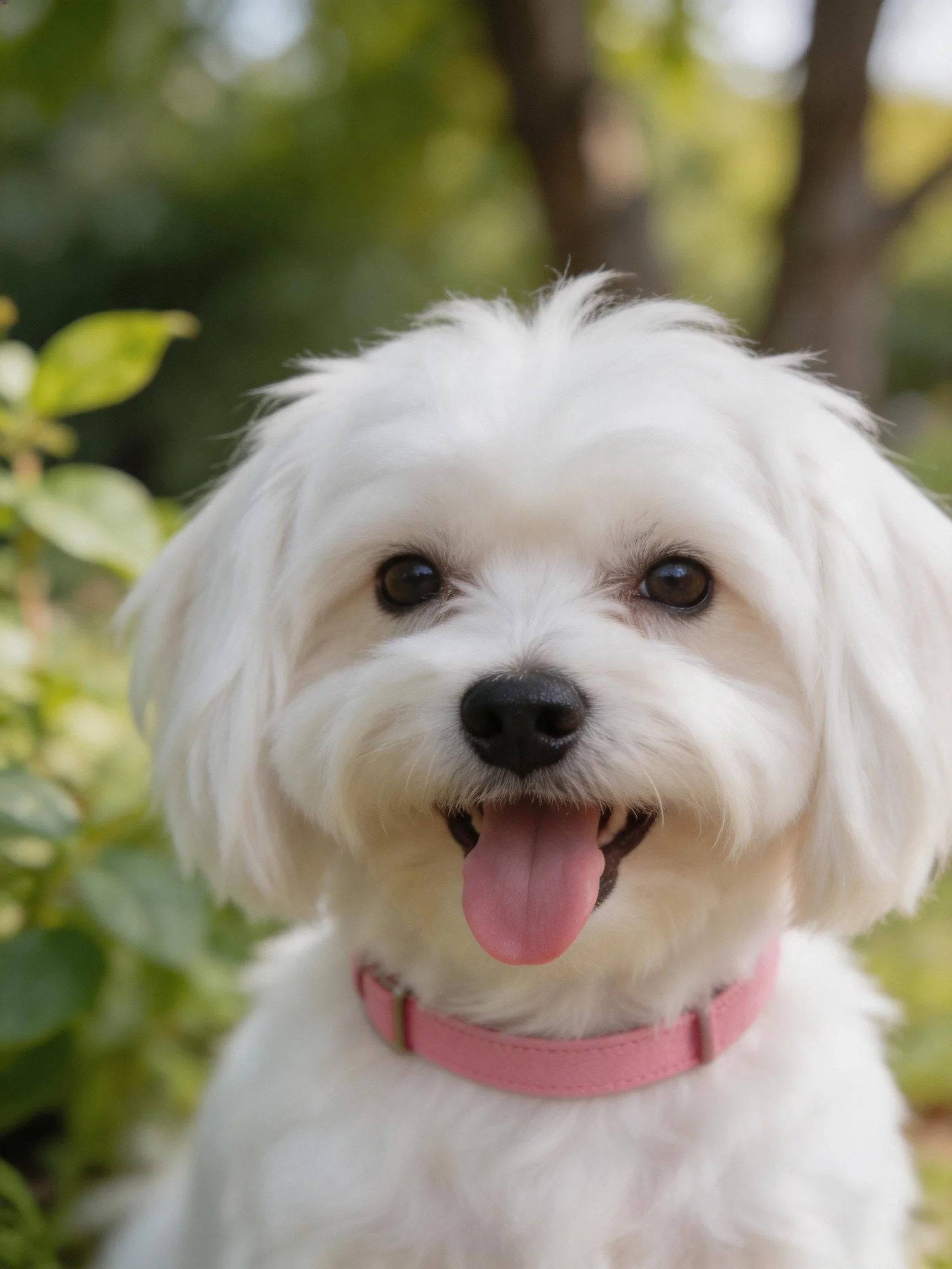 A white fluffy dog with a pink collar is outdoors near greenery.