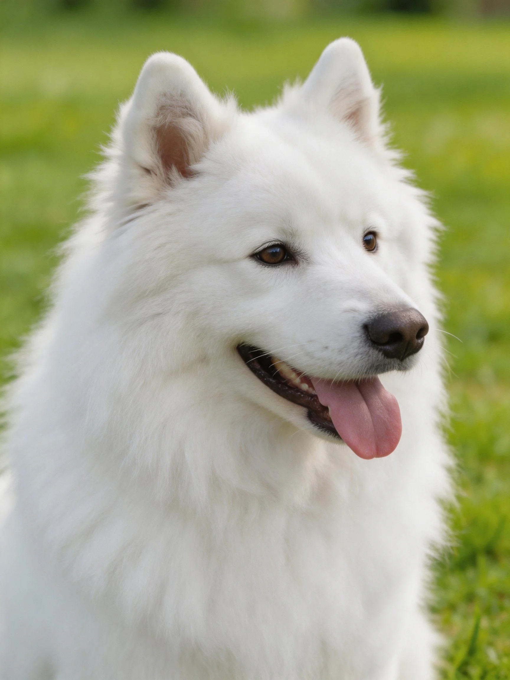 A fluffy white dog with an open mouth is on green grass.