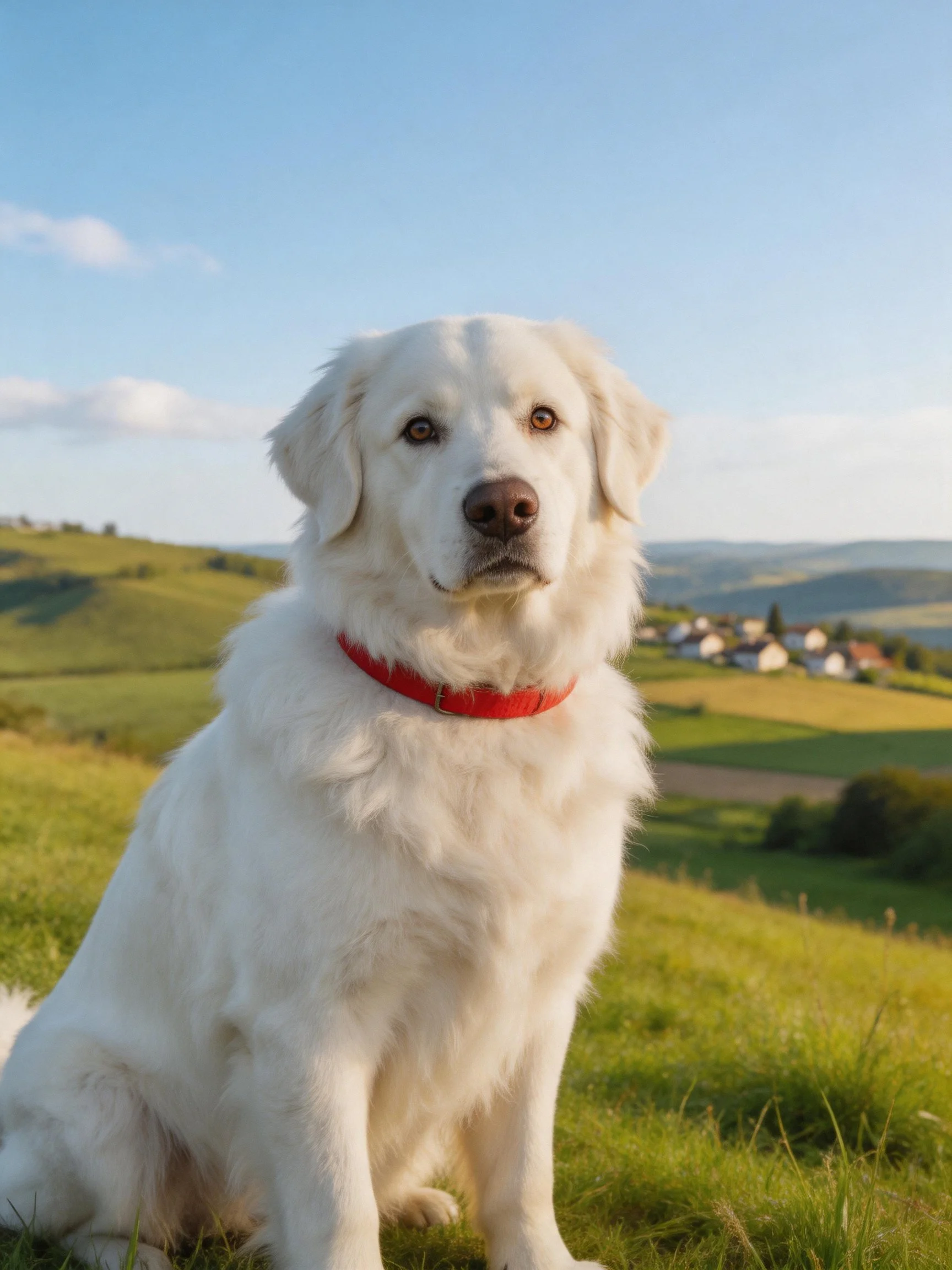 A fluffy white dog with a red collar rests on a grassy hillside with a rural landscape behind it.
