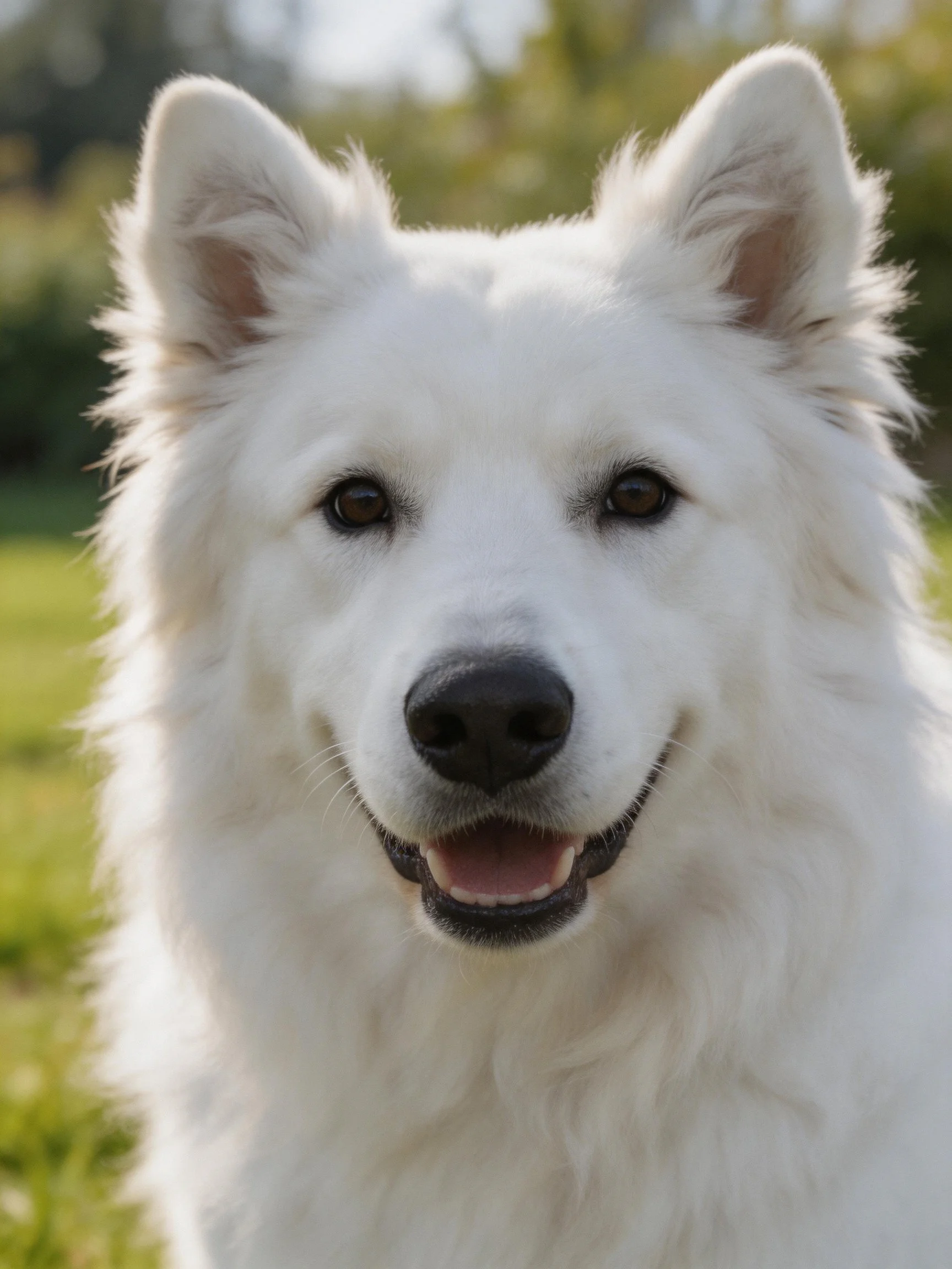 Fluffy white dog with upright ears stands in a sunlit green outdoor area.