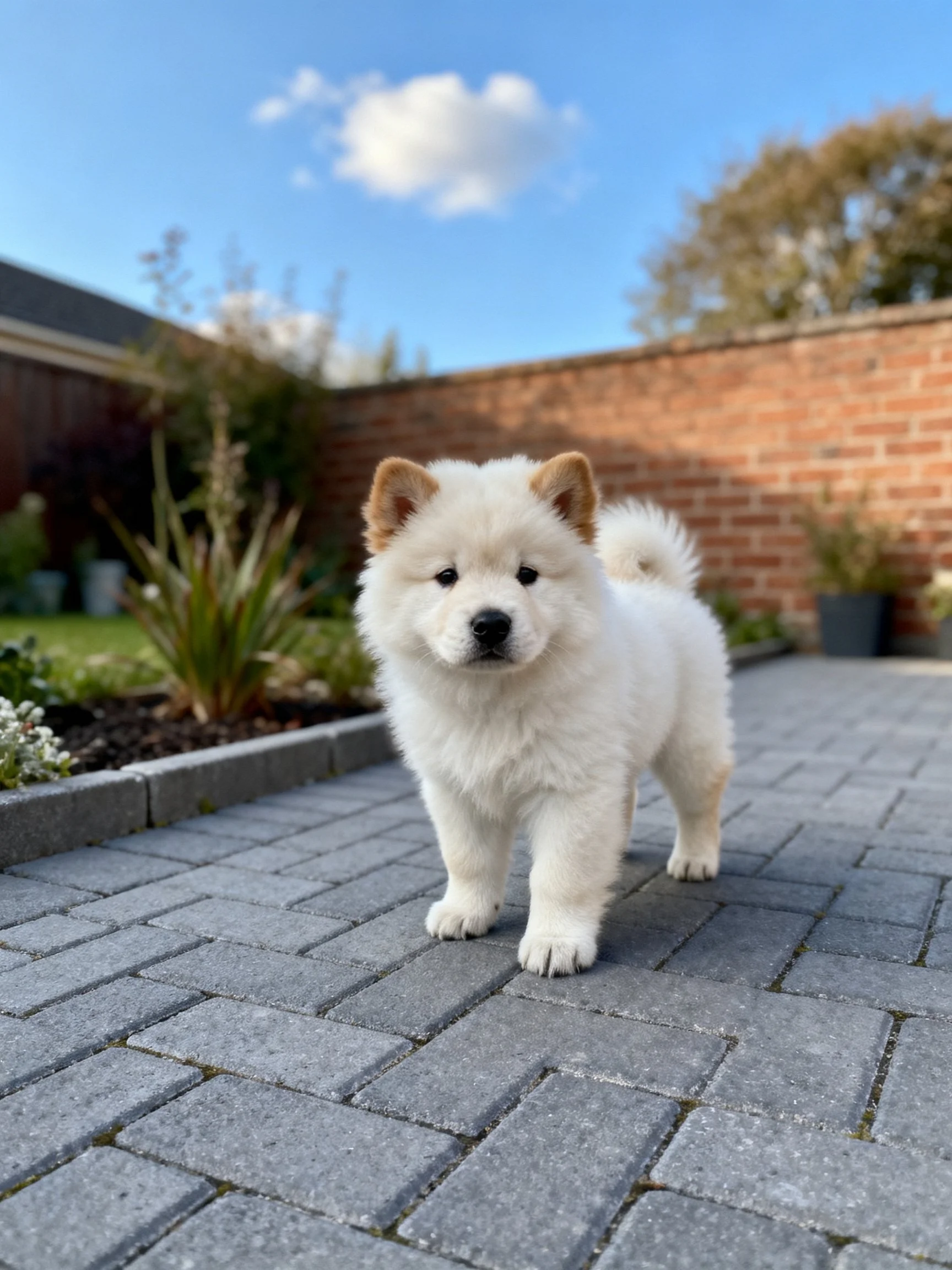 Fluffy white puppy stands on gray pavement near a brick wall.