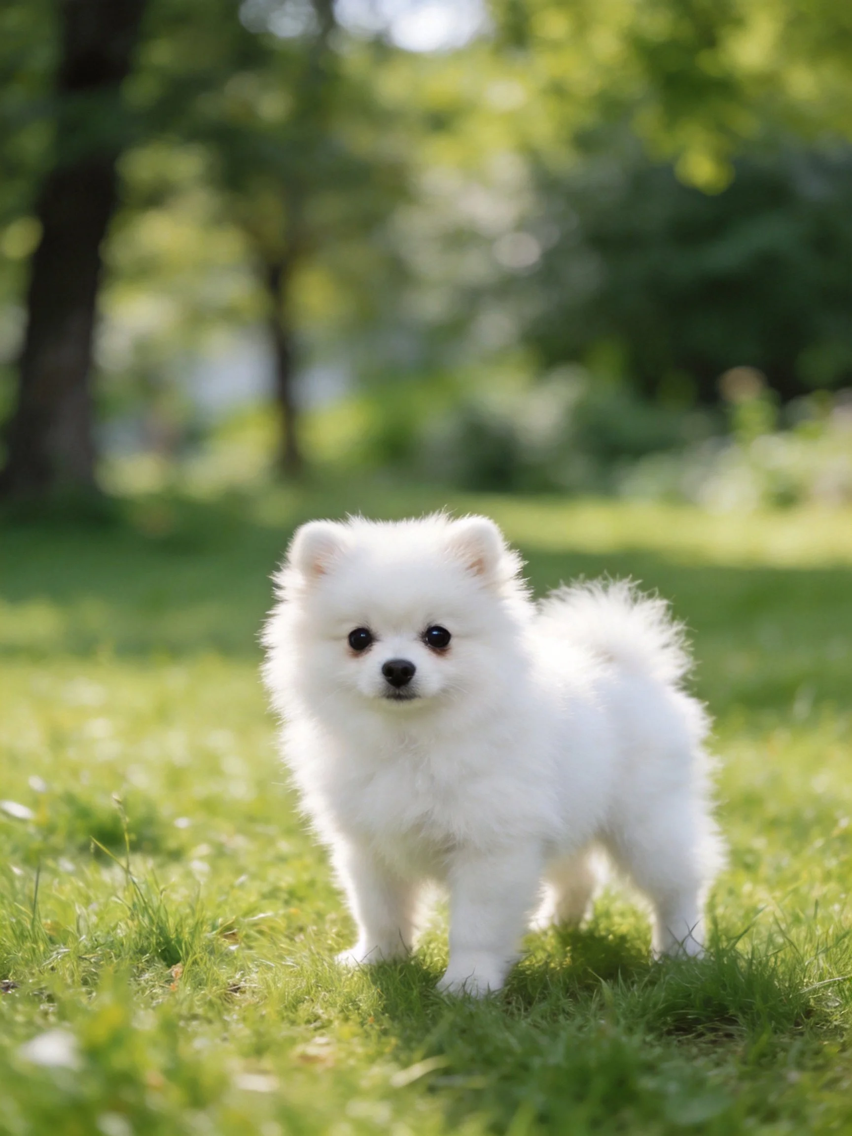 A small white puppy stands on green grass in a sunlit outdoor area with blurred trees.