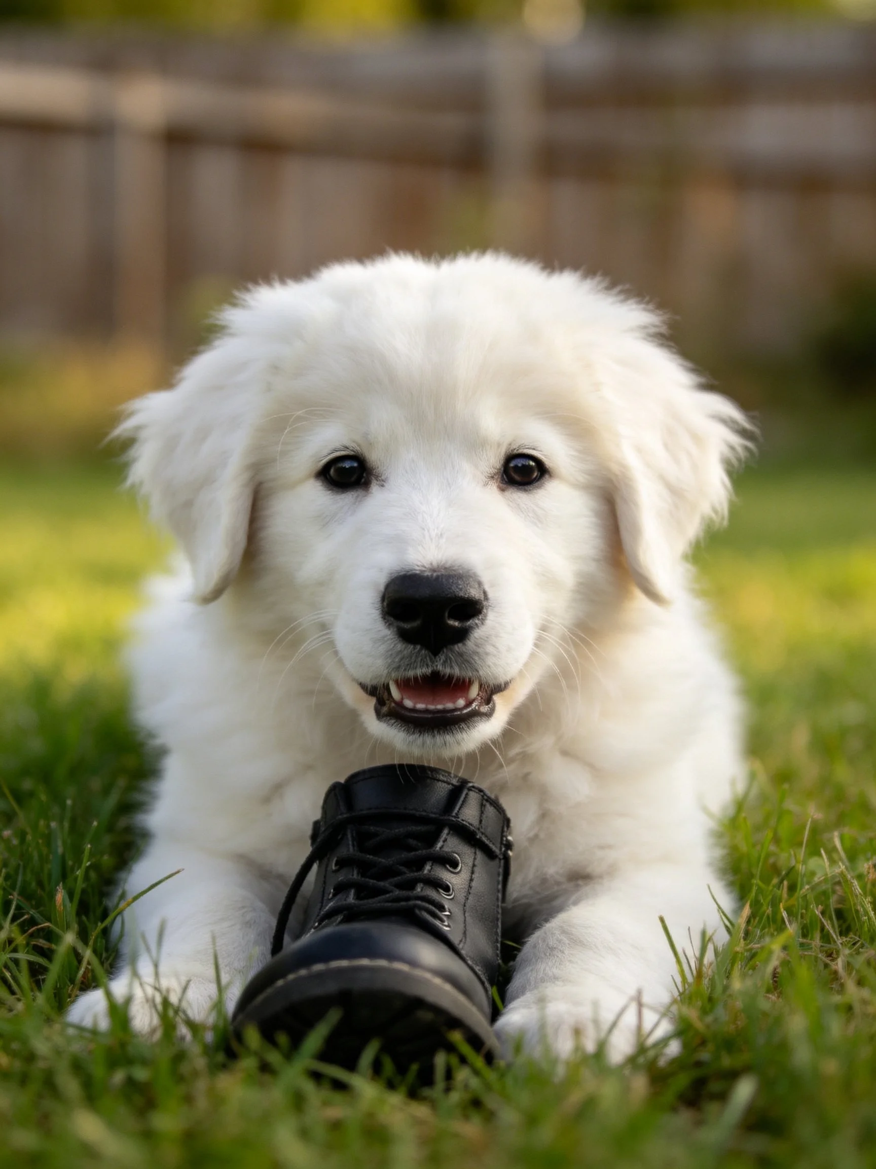 A fluffy white puppy interacts with a black shoe while lying on grass.