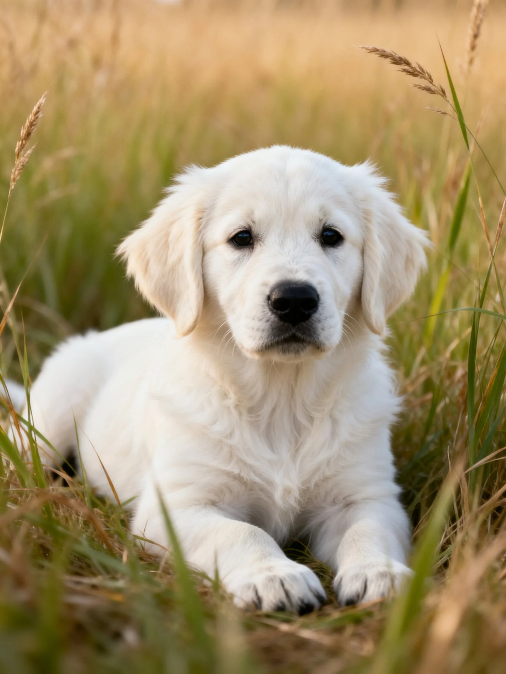 A white puppy rests calmly amid tall grasses in a sunlit field.