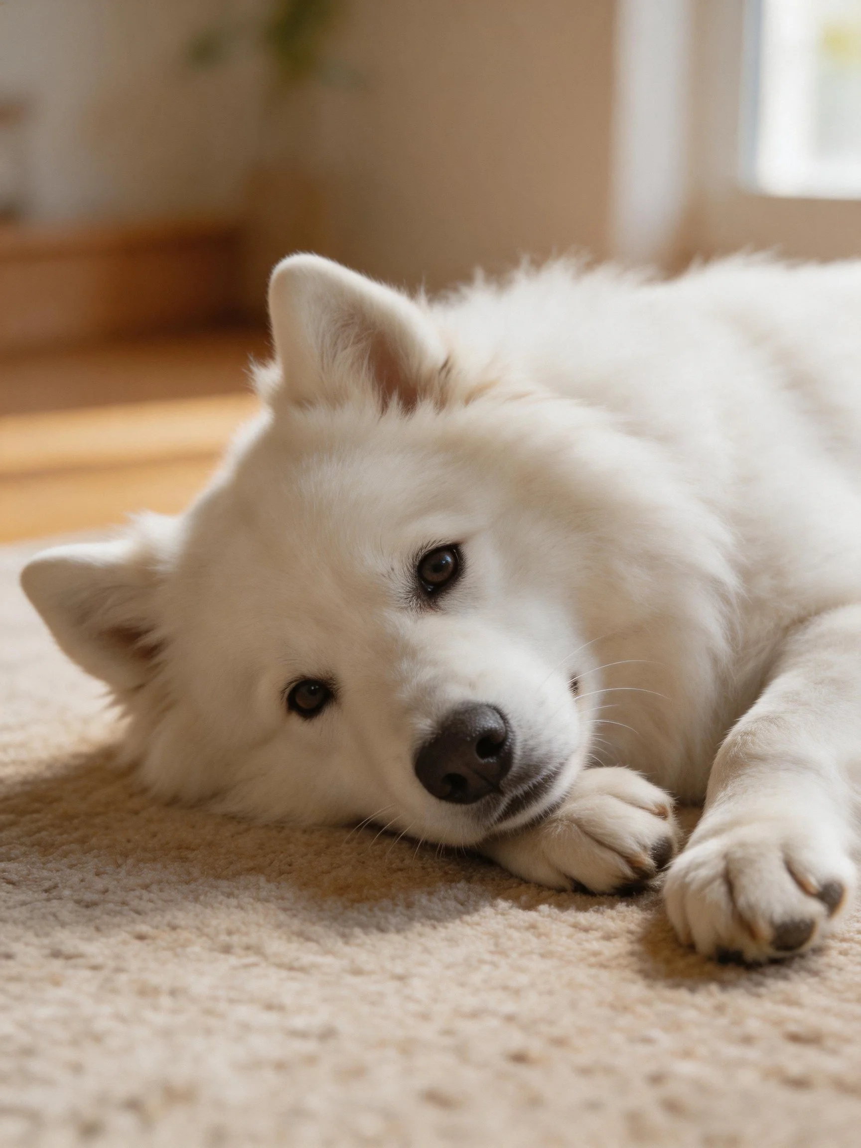 A fluffy white puppy relaxes on a beige carpet inside a home.