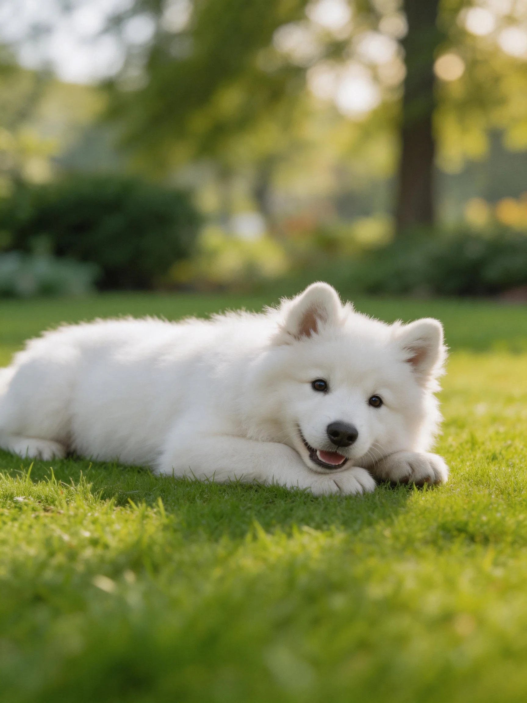 A white puppy relaxes on vibrant grass in a sunlit outdoor setting.