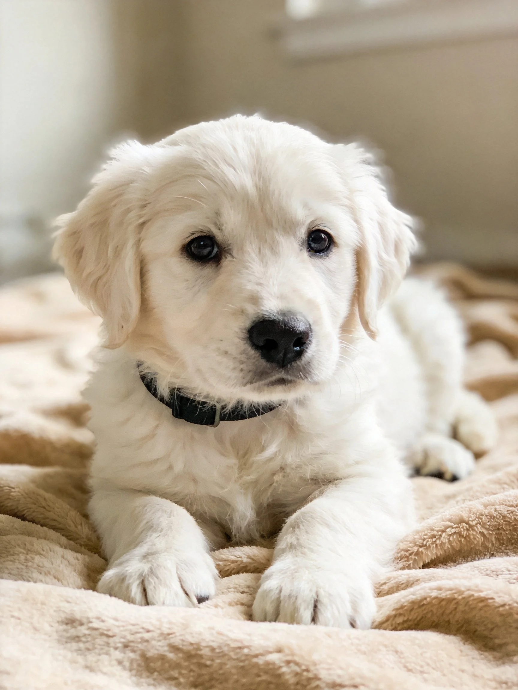White puppy calmly rests on a plush blanket indoors.