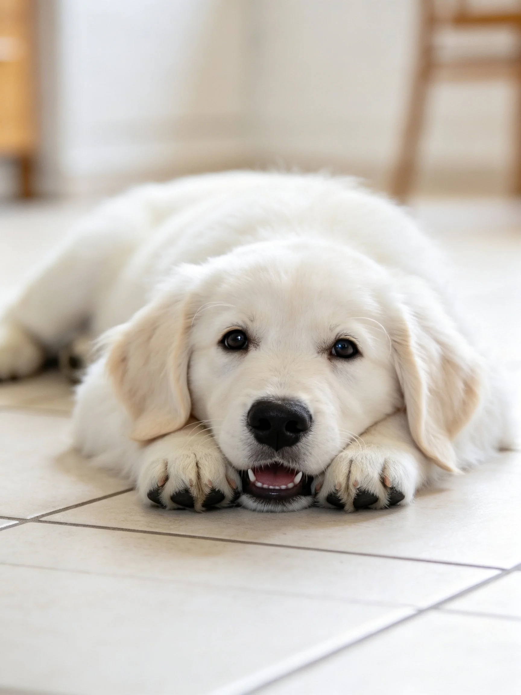 Fluffy white puppy resting on tiled indoor floor