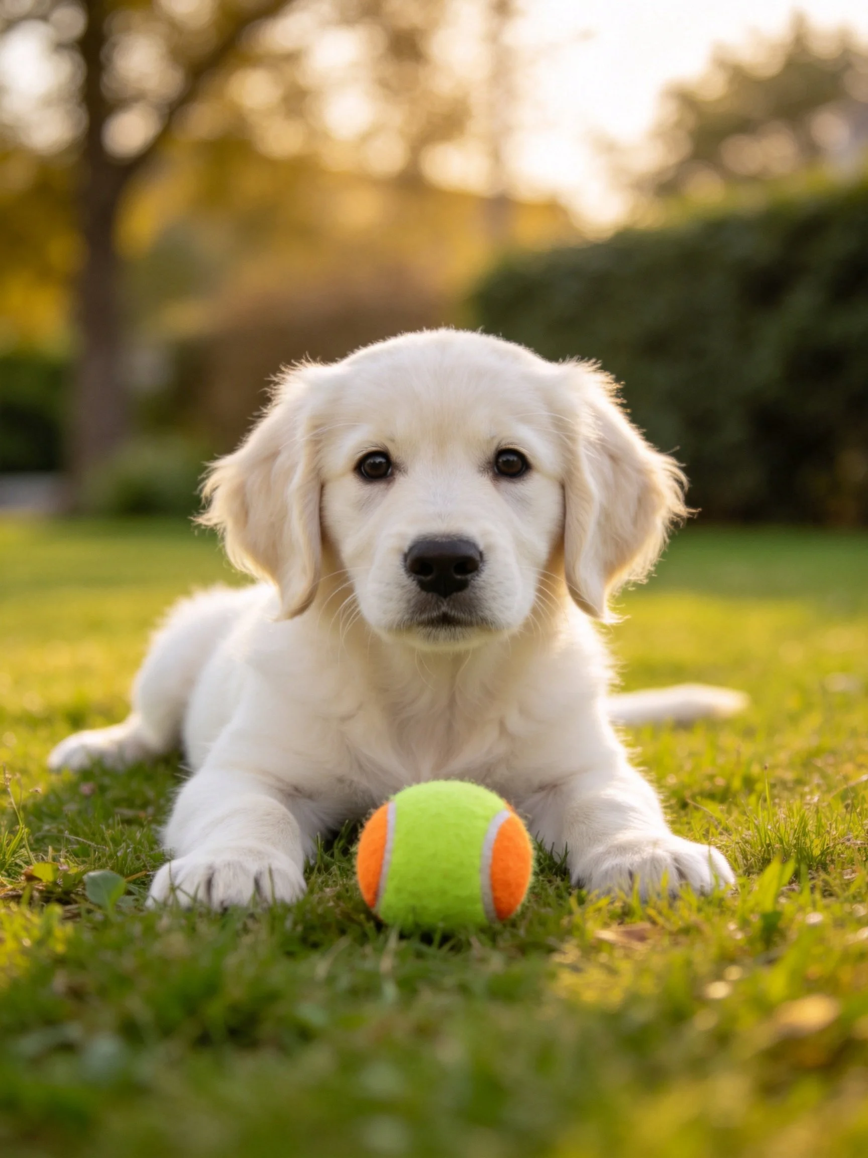 White puppy lies next to colorful tennis ball in sunlit outdoors.