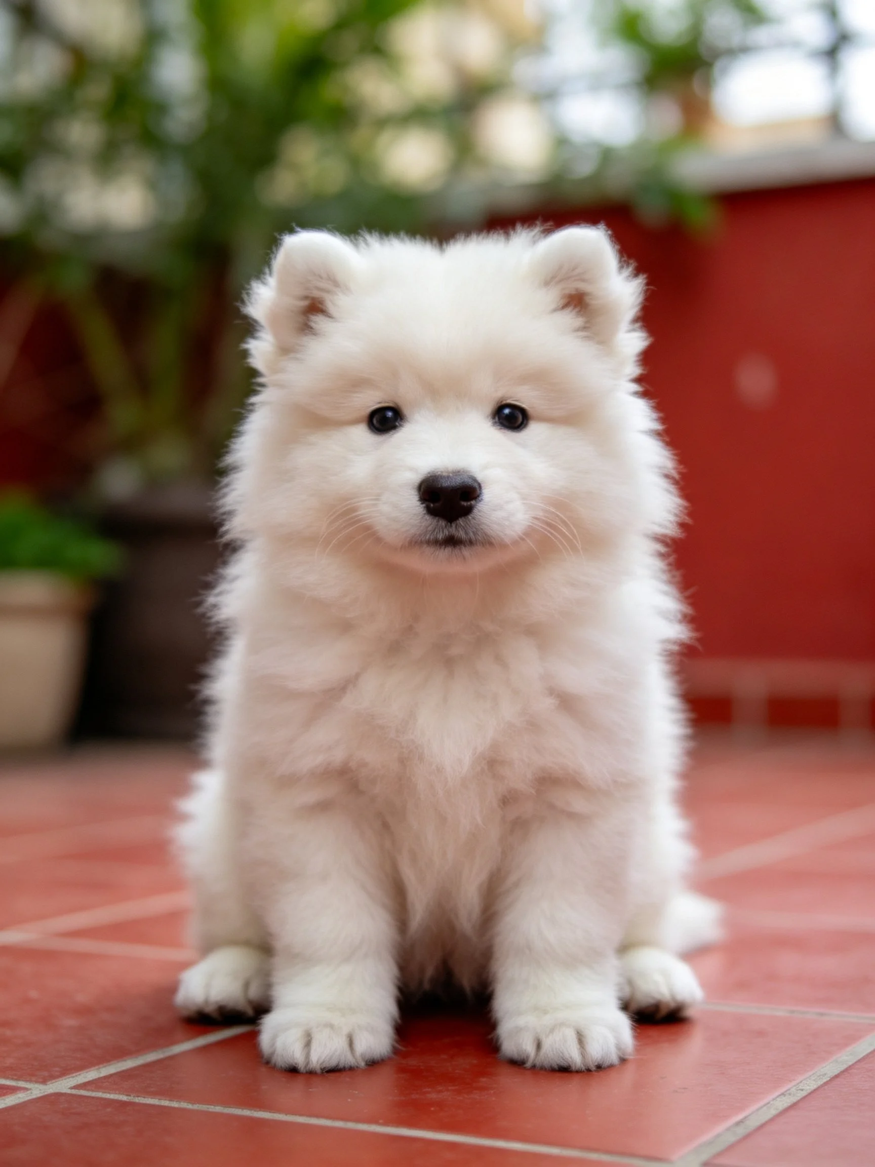 A fluffy white puppy sits calmly on red tiles with a red wall and greenery behind.